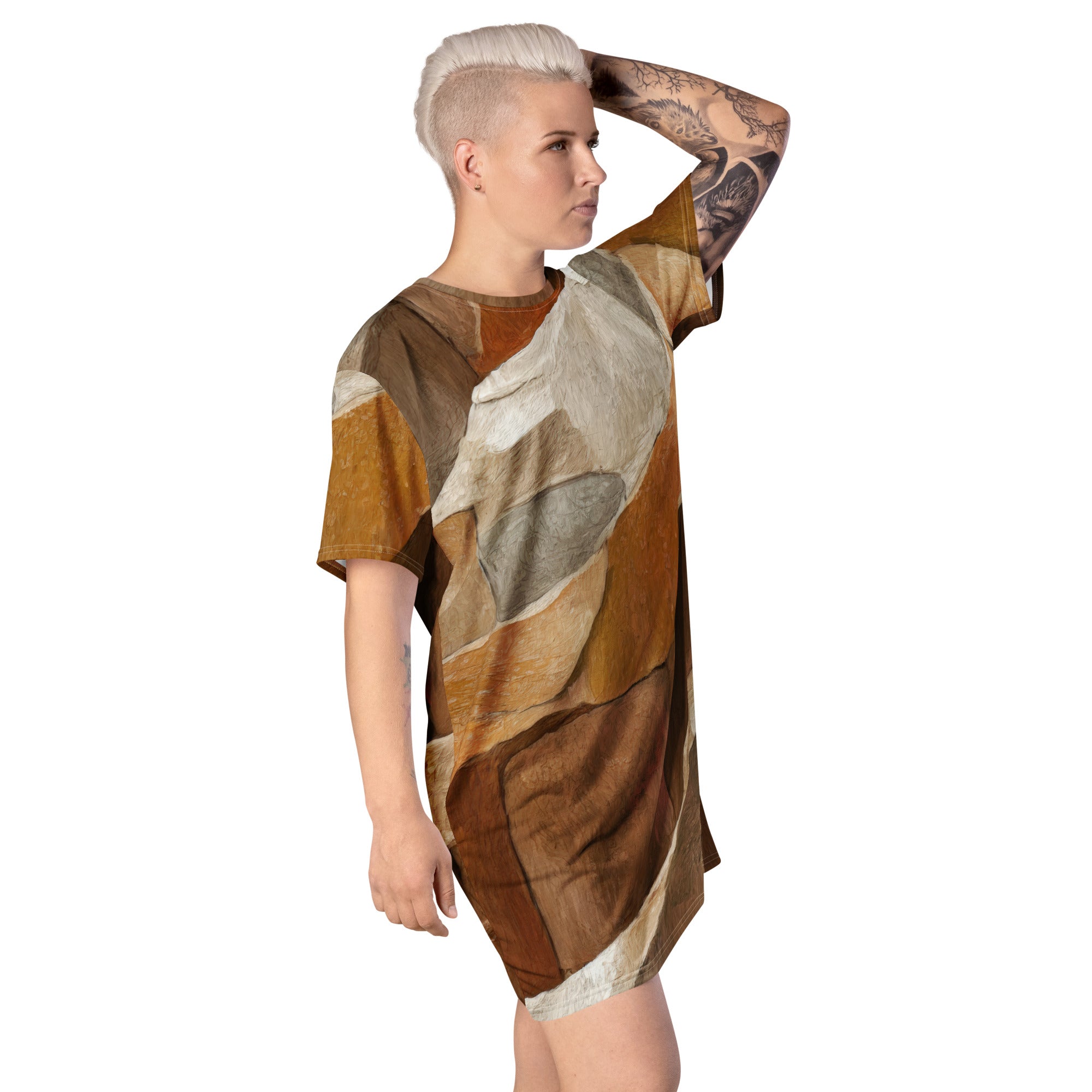 Womens Graphic T-shirt Dress featuring an Abstract Stone Print, showcasing its oversized fit and stylish design.