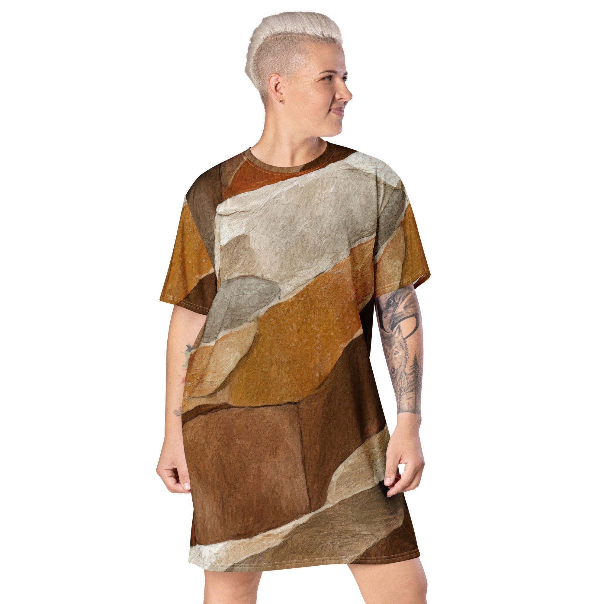 Womens Graphic T-shirt Dress featuring an Abstract Stone Print, showcasing its oversized fit and stylish design.