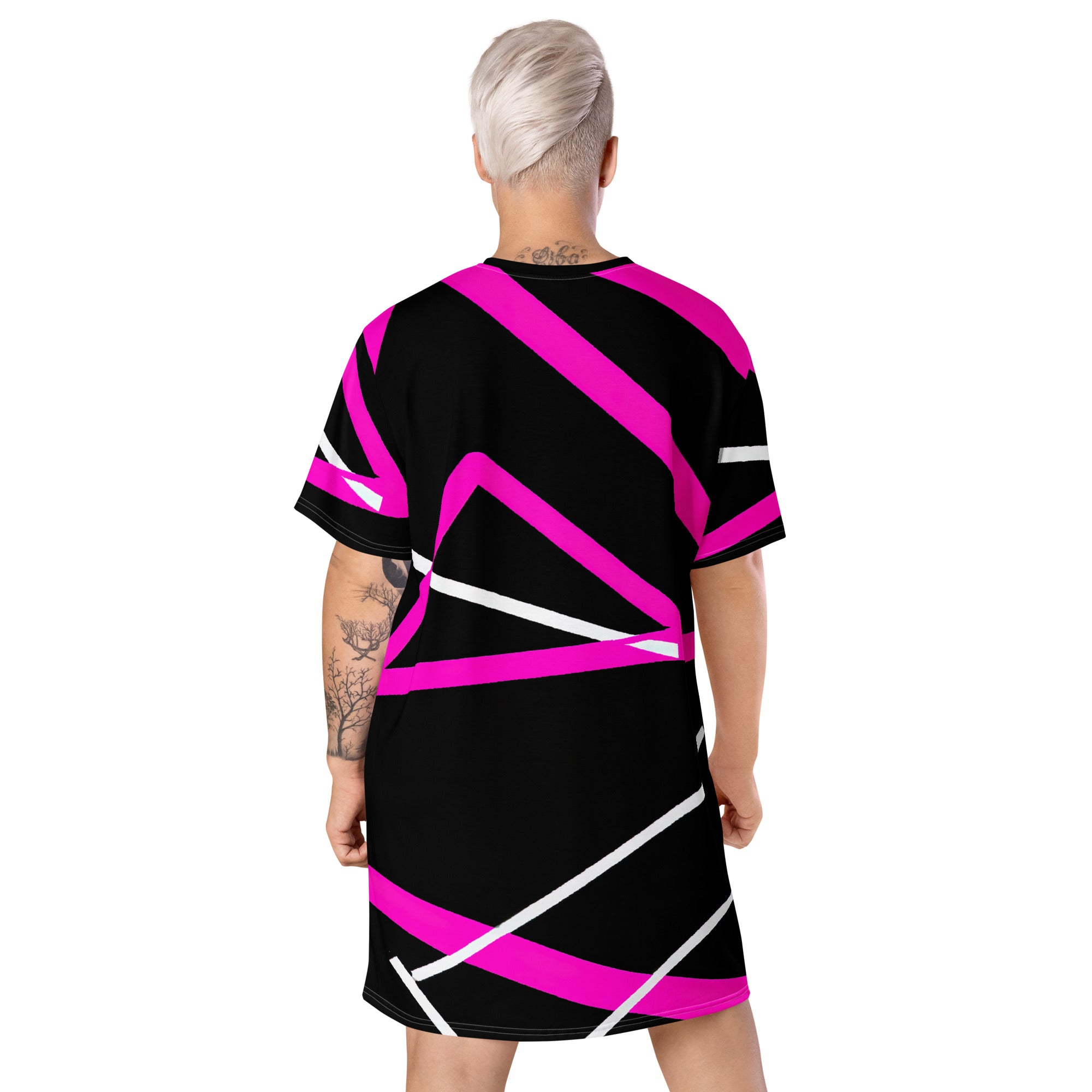 Womens Graphic T-shirt Dress featuring a stylish black and pink pattern, showcasing its comfortable oversized fit and relaxed design.