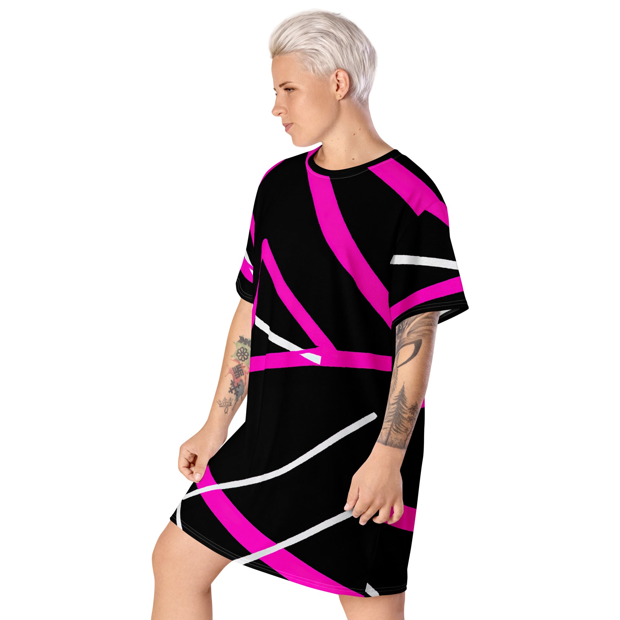 Womens Graphic T-shirt Dress featuring a stylish black and pink pattern, showcasing its comfortable oversized fit and relaxed design.