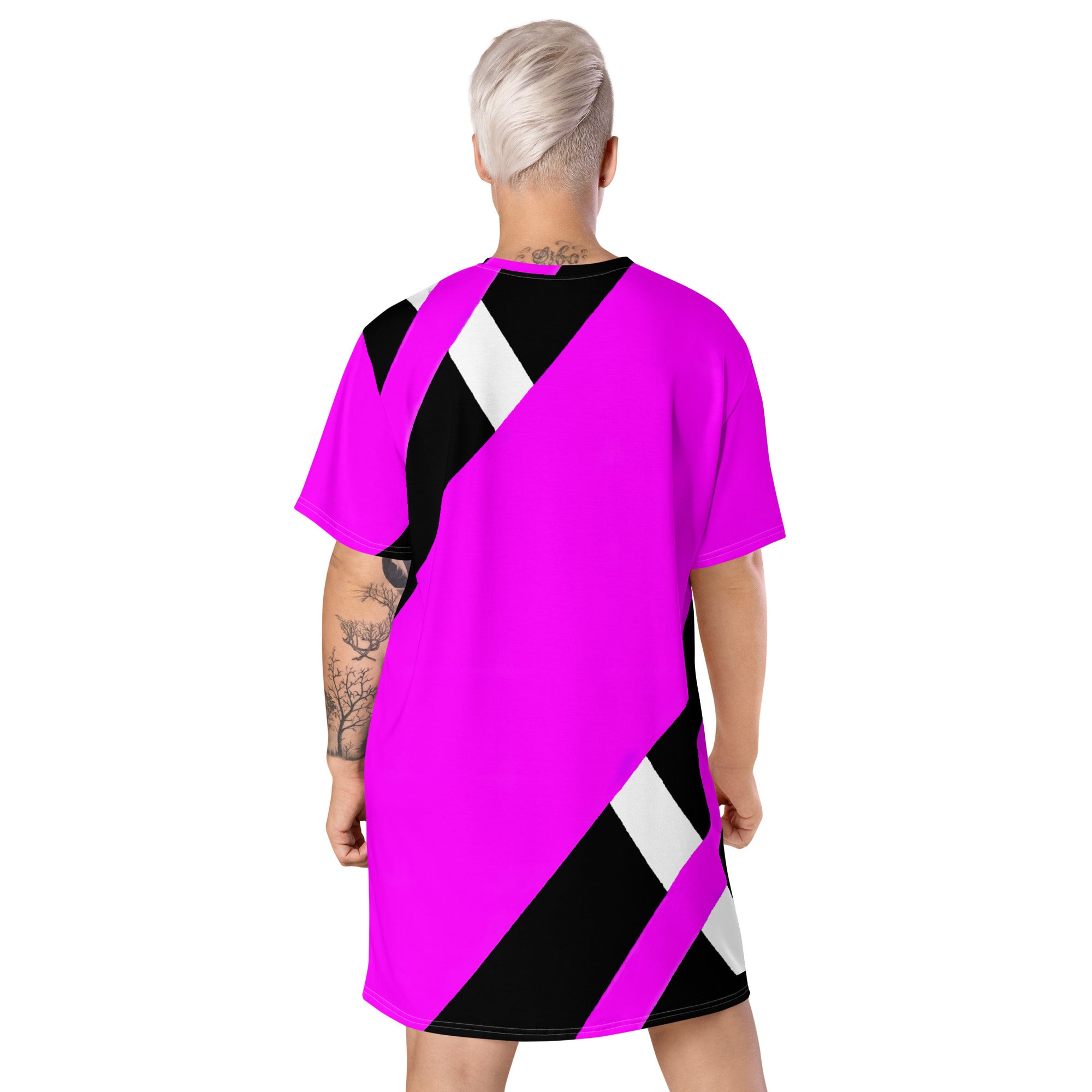 Womens Graphic T-shirt Dress featuring a stylish black and pink pattern, showcasing its comfortable oversized fit and unique design.