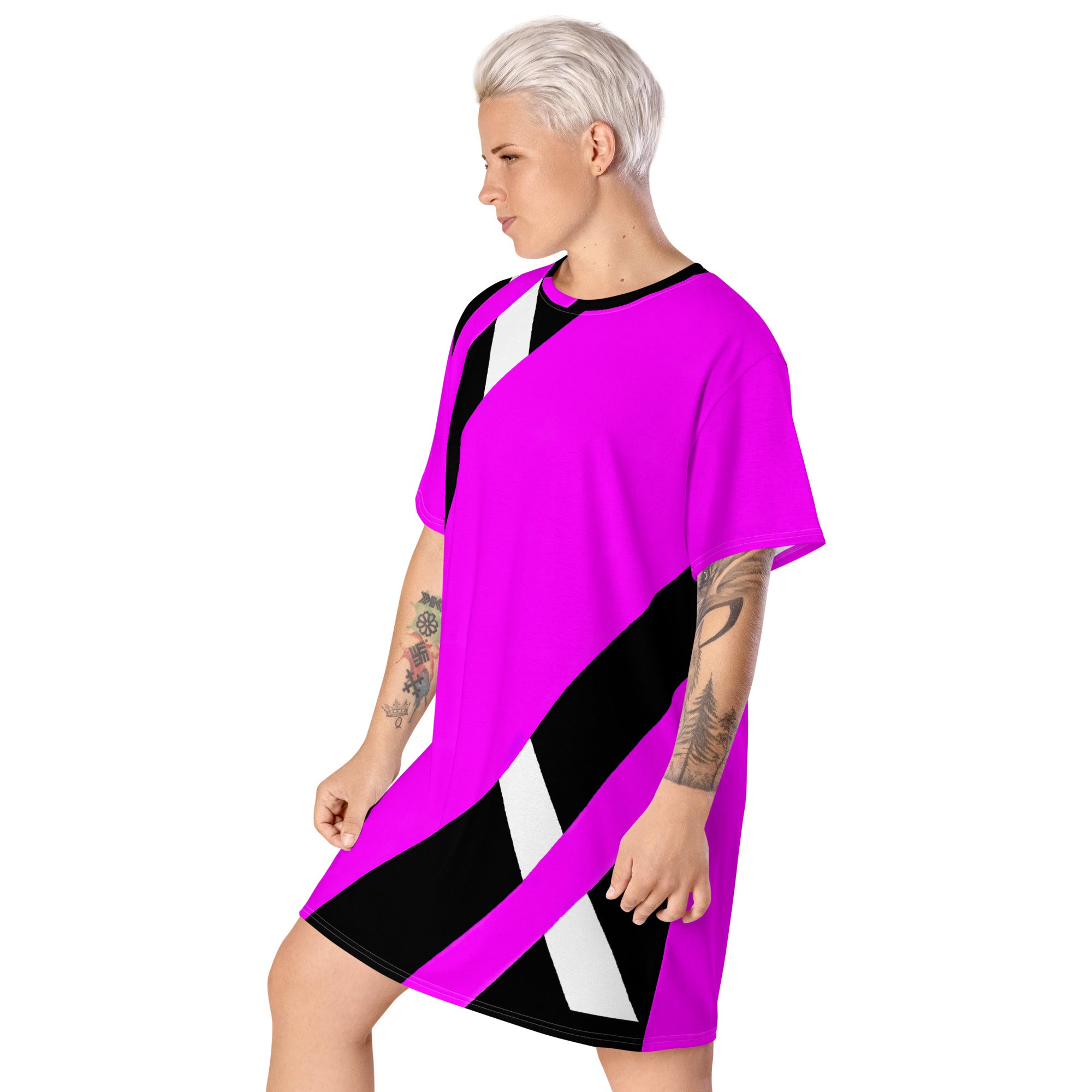 Womens Graphic T-shirt Dress featuring a stylish black and pink pattern, showcasing its comfortable oversized fit and unique design.