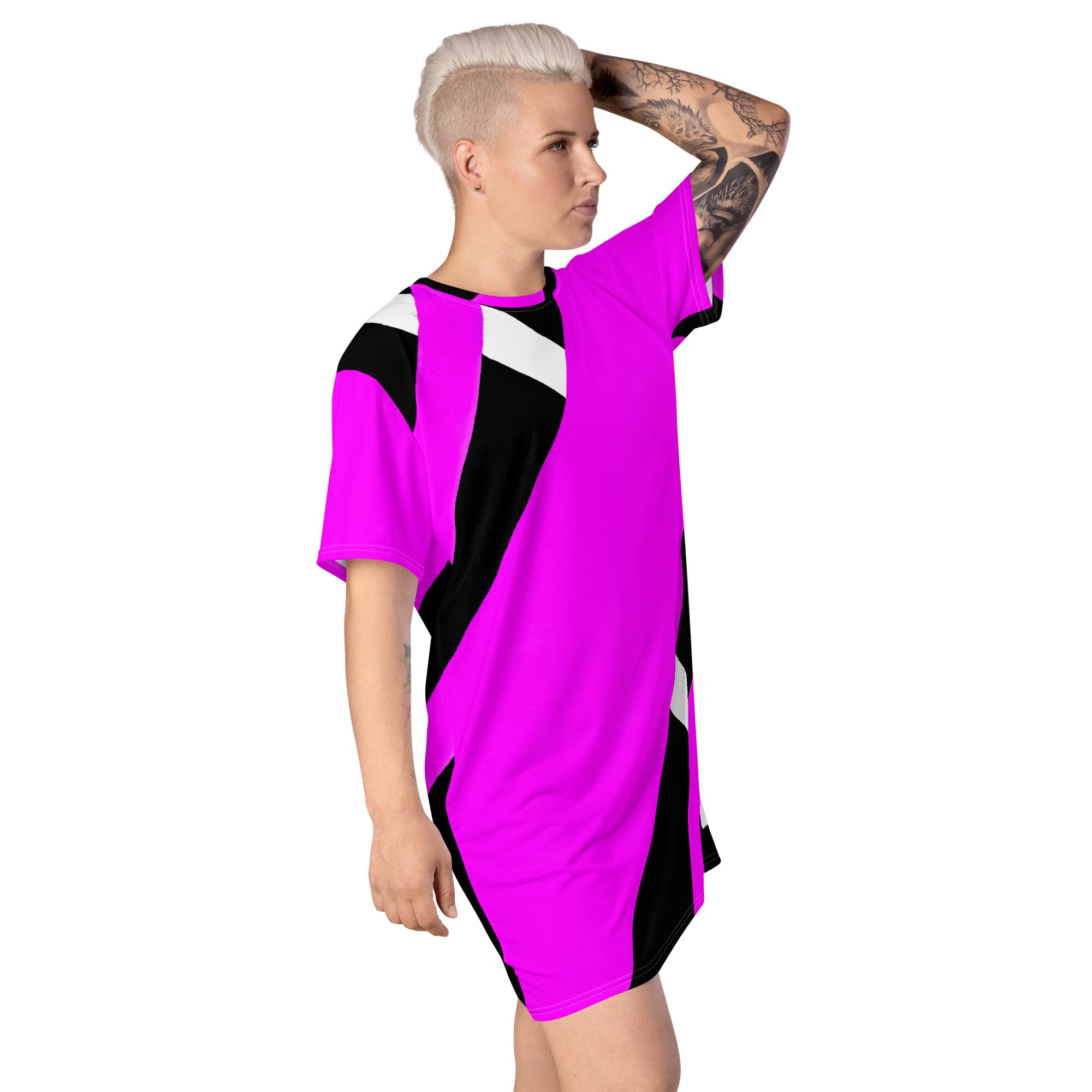 Womens Graphic T-shirt Dress featuring a stylish black and pink pattern, showcasing its comfortable oversized fit and unique design.