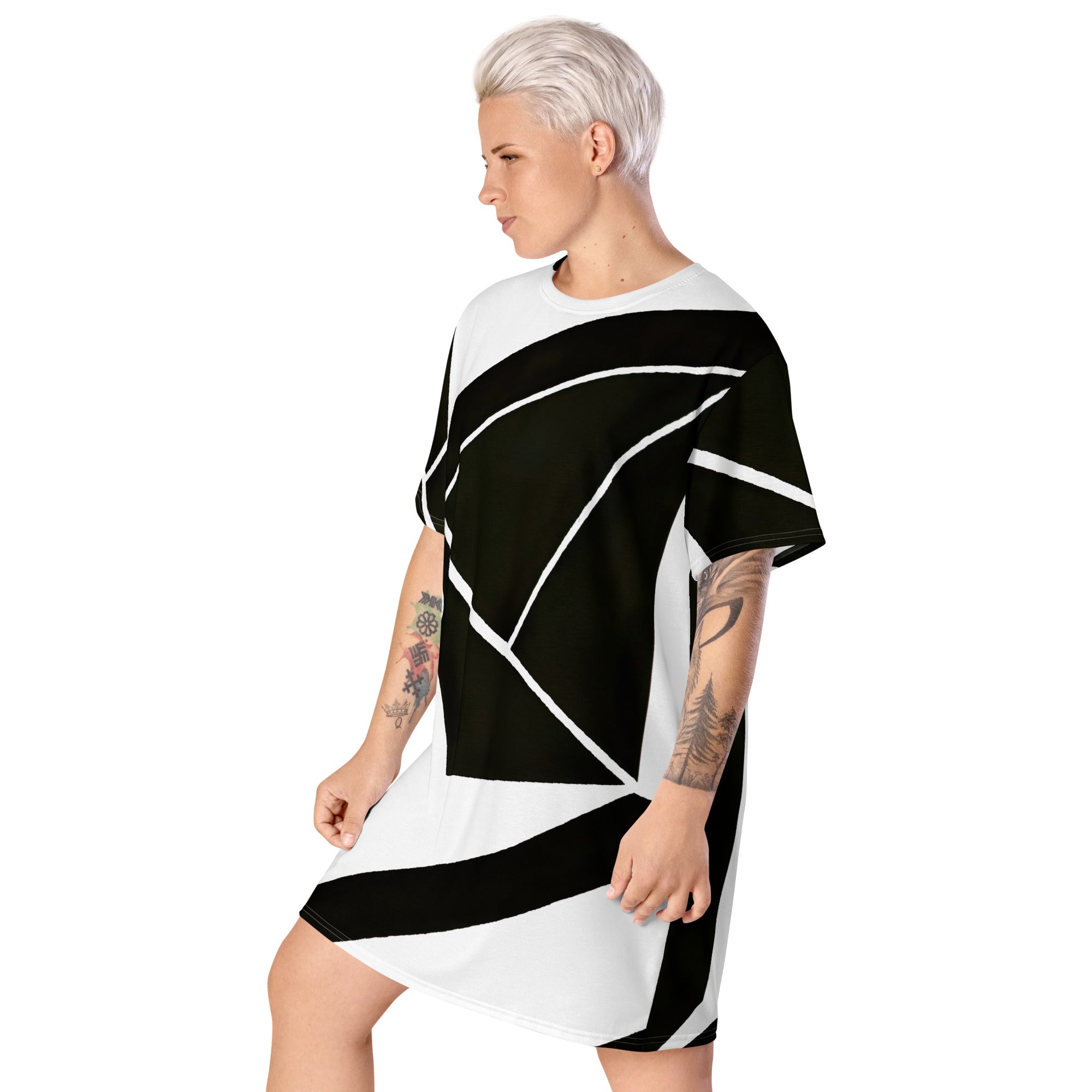 Womens Graphic T-shirt Dress featuring a black and white geometric pattern, showcasing its oversized fit and stylish design.