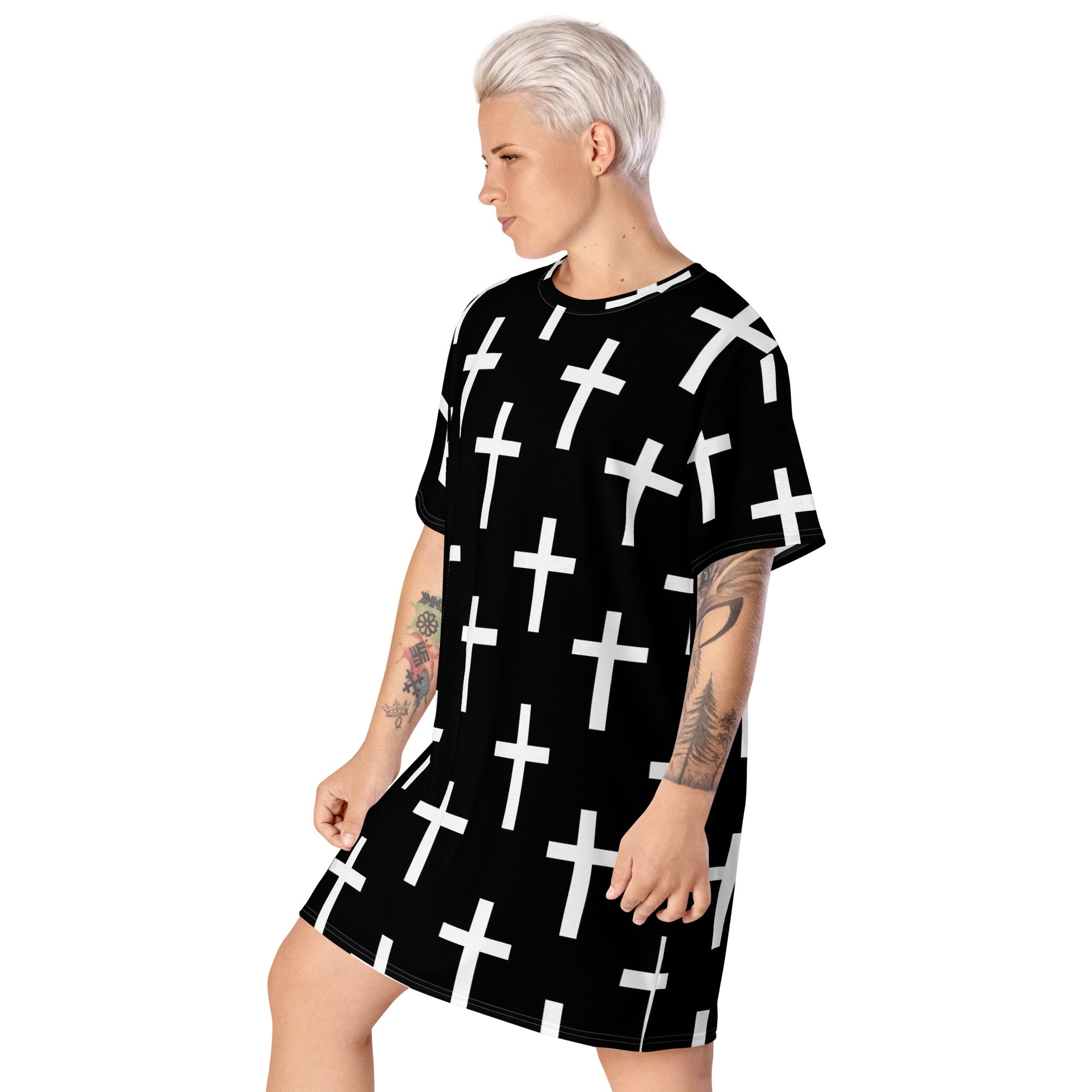 Womens Graphic T-shirt Dress featuring a black and white seamless cross print, showcasing its comfortable oversized fit and stylish design.