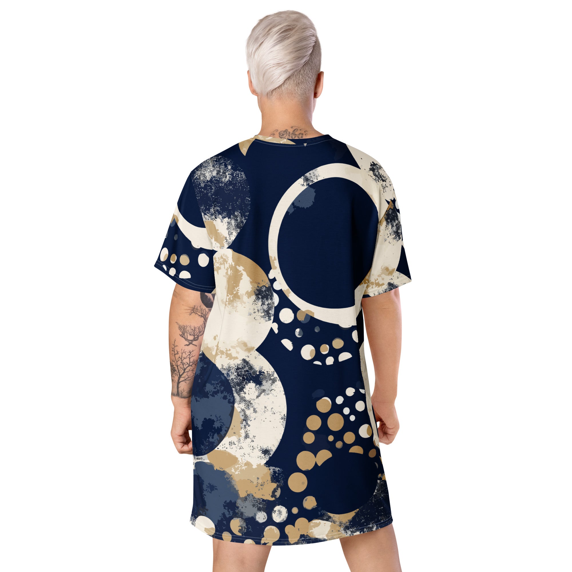 Womens Graphic T-shirt Dress featuring a navy blue and beige spotted print, showcasing its comfortable oversized fit and stylish design.