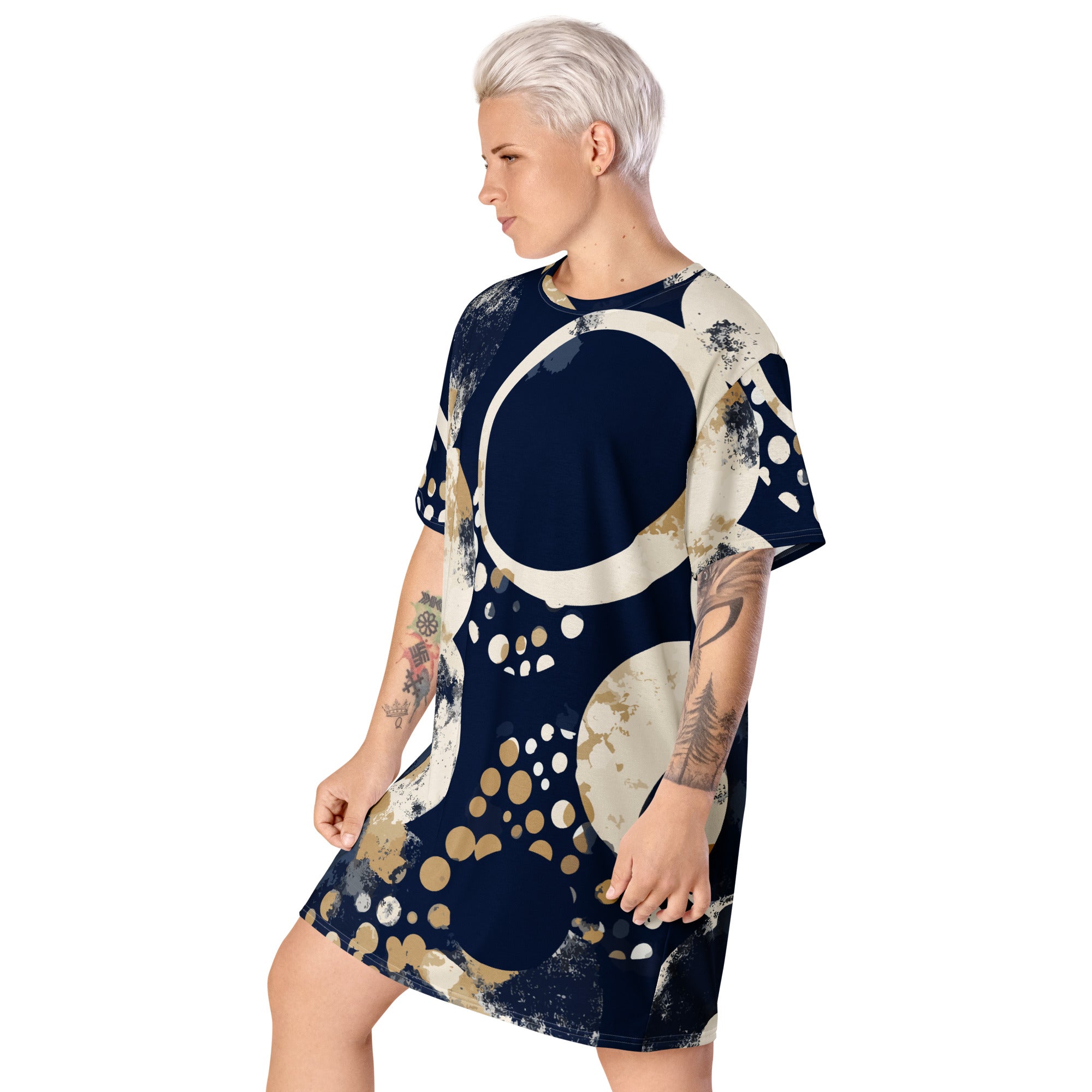 Womens Graphic T-shirt Dress featuring a navy blue and beige spotted print, showcasing its comfortable oversized fit and stylish design.