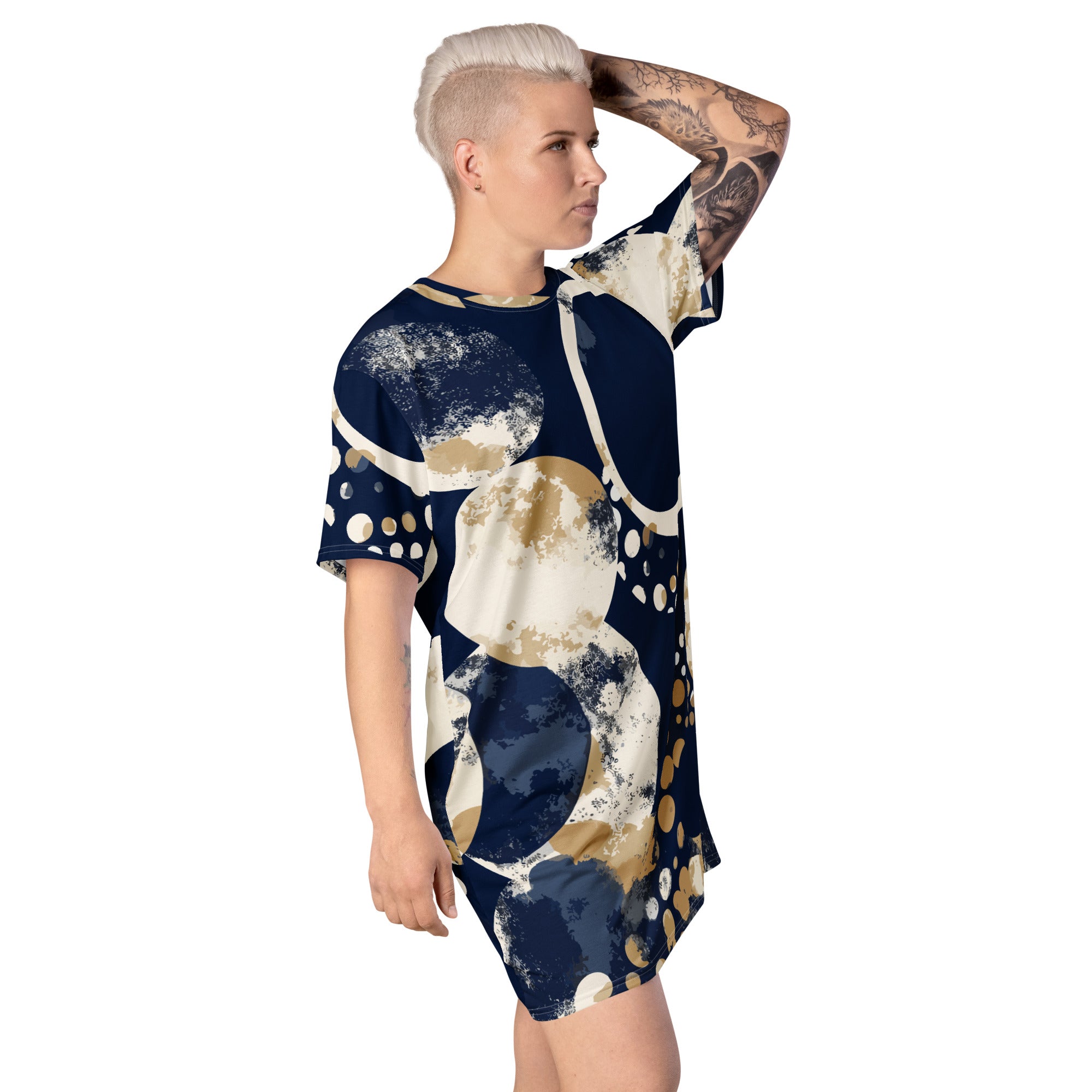 Womens Graphic T-shirt Dress featuring a navy blue and beige spotted print, showcasing its comfortable oversized fit and stylish design.