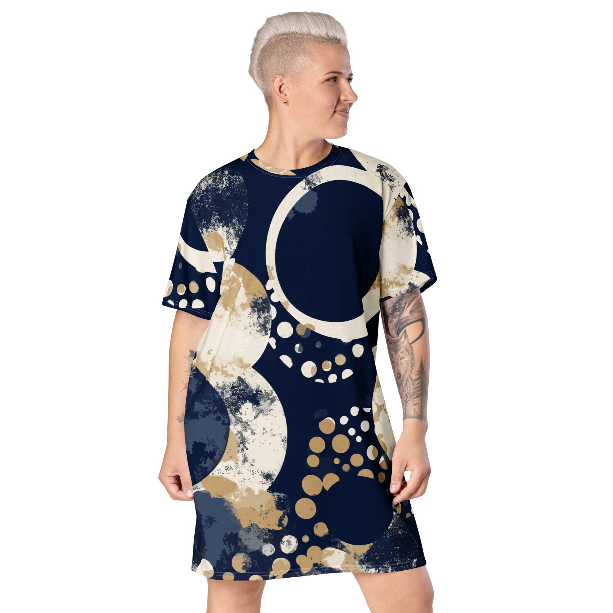 Womens Graphic T-shirt Dress featuring a navy blue and beige spotted print, showcasing its comfortable oversized fit and stylish design.