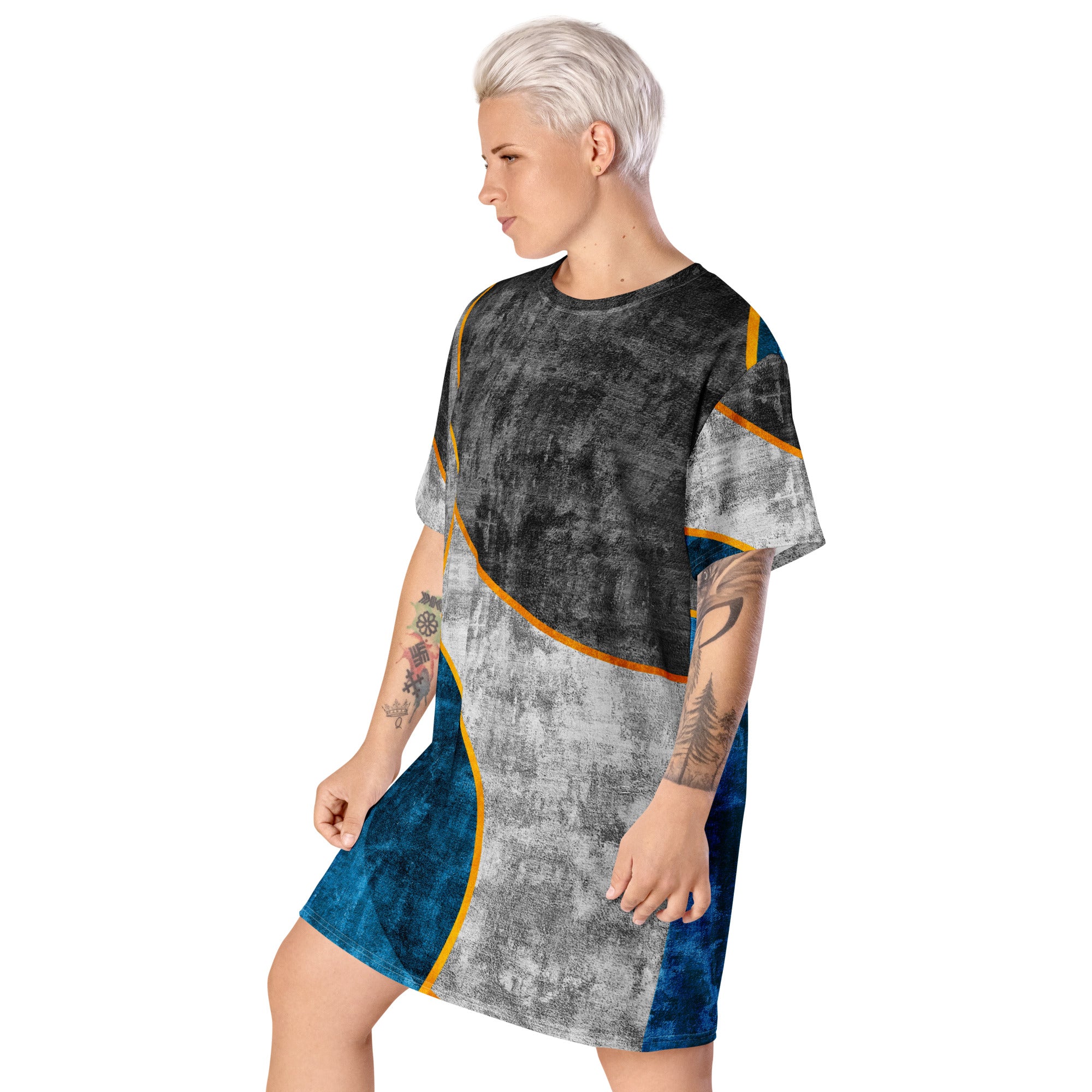 Womens Graphic T-shirt Dress in Blue Grey, featuring a relaxed fit and stylish design, perfect for casual and dressy occasions.