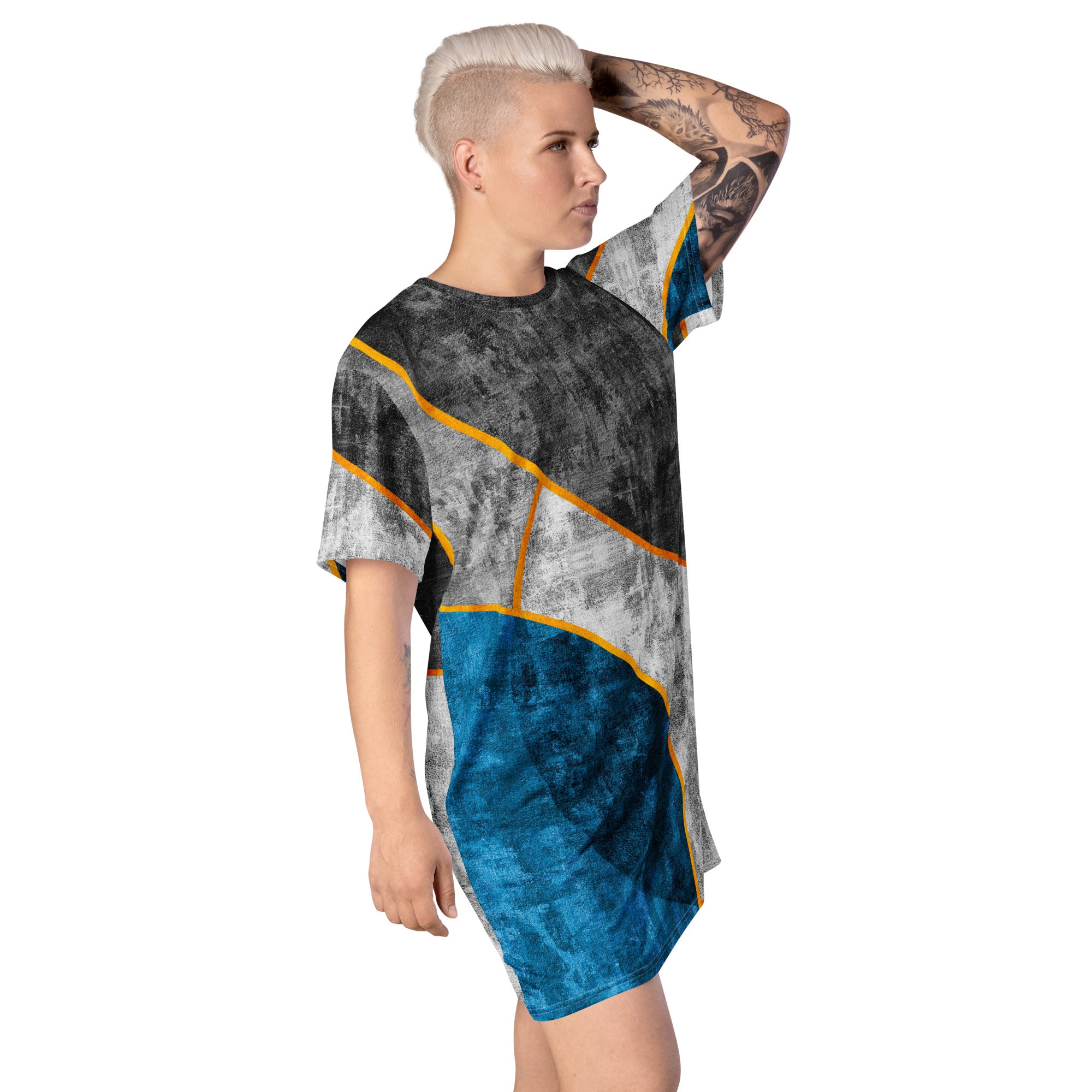 Womens Graphic T-shirt Dress in Blue Grey, featuring a relaxed fit and stylish design, perfect for casual and dressy occasions.