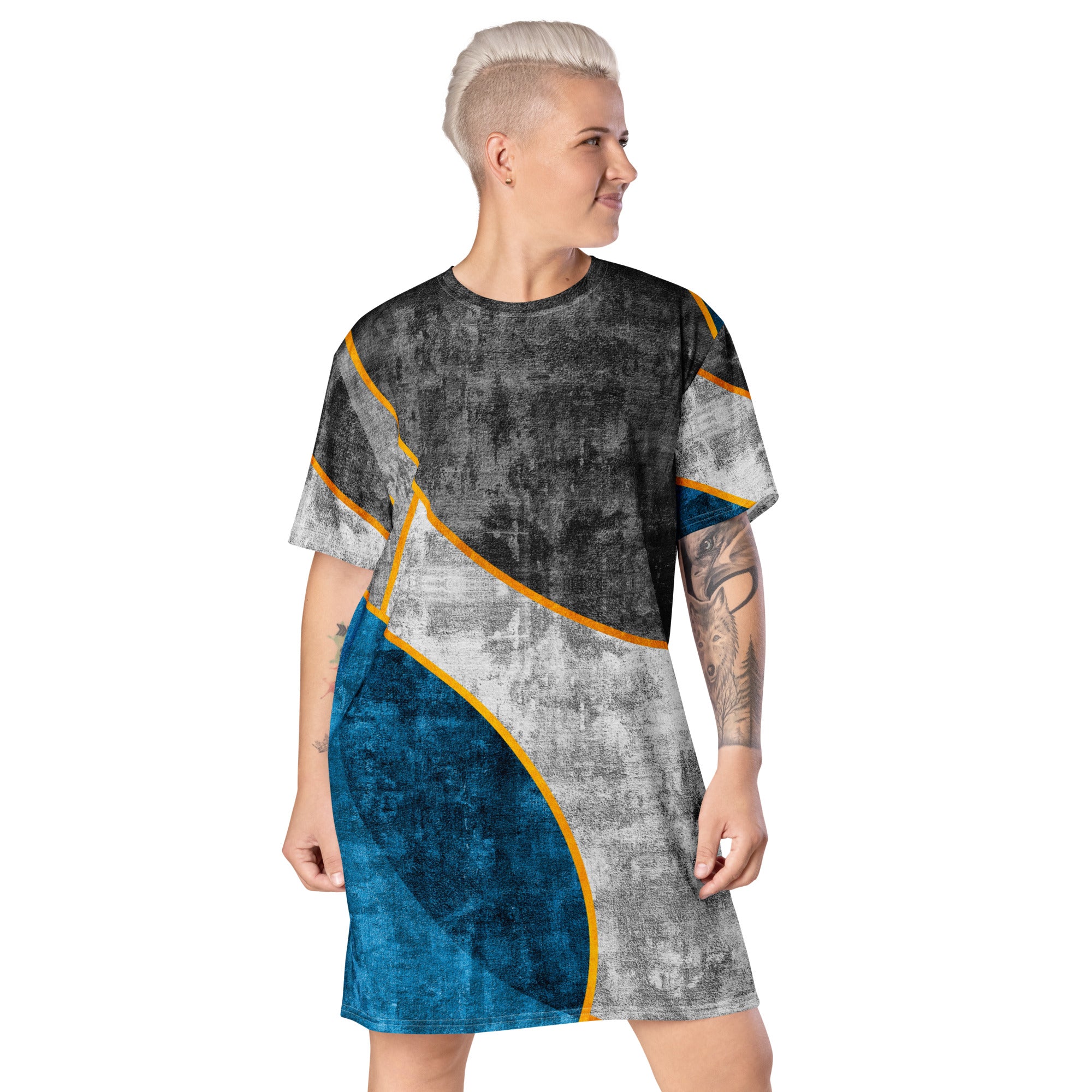 Womens Graphic T-shirt Dress in Blue Grey, featuring a relaxed fit and stylish design, perfect for casual and dressy occasions.