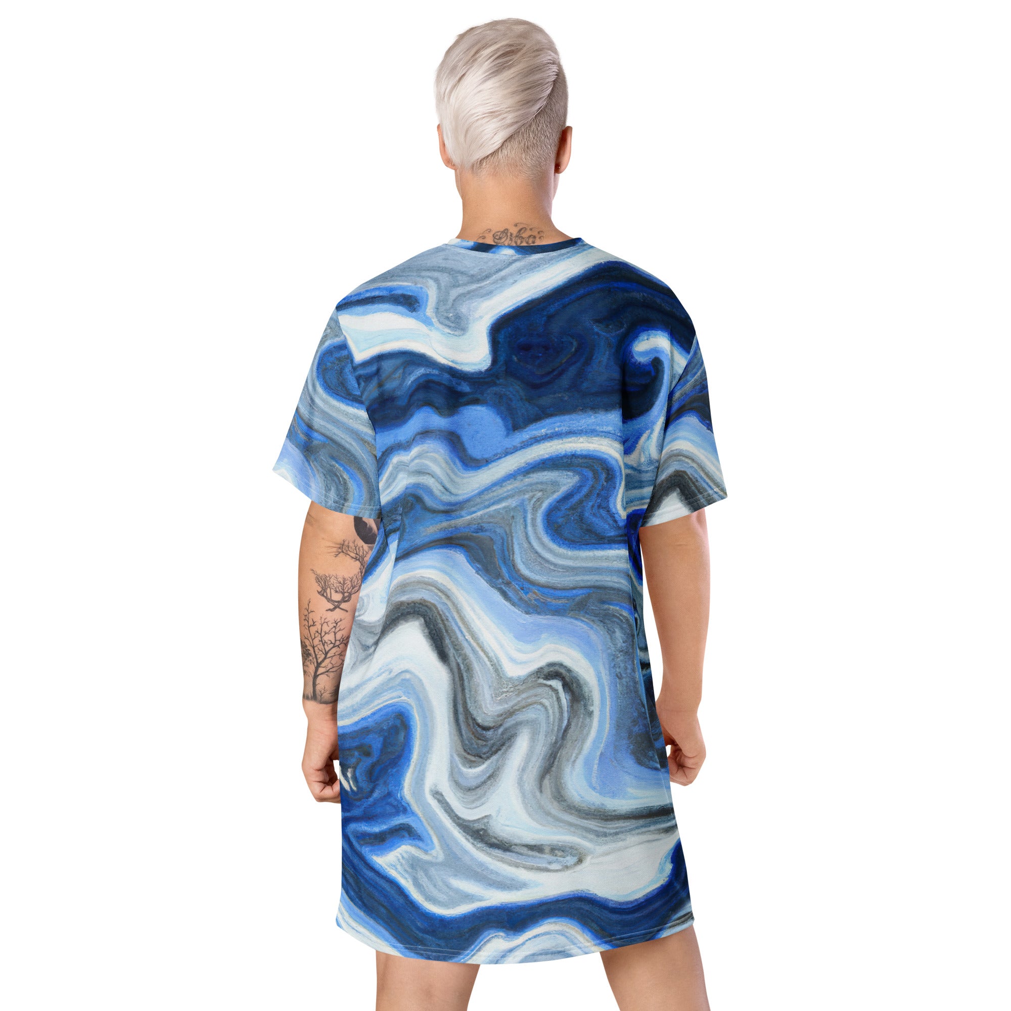 Womens Graphic T-shirt Dress featuring a blue grey marble print, showcasing its comfortable oversized fit and stylish design.