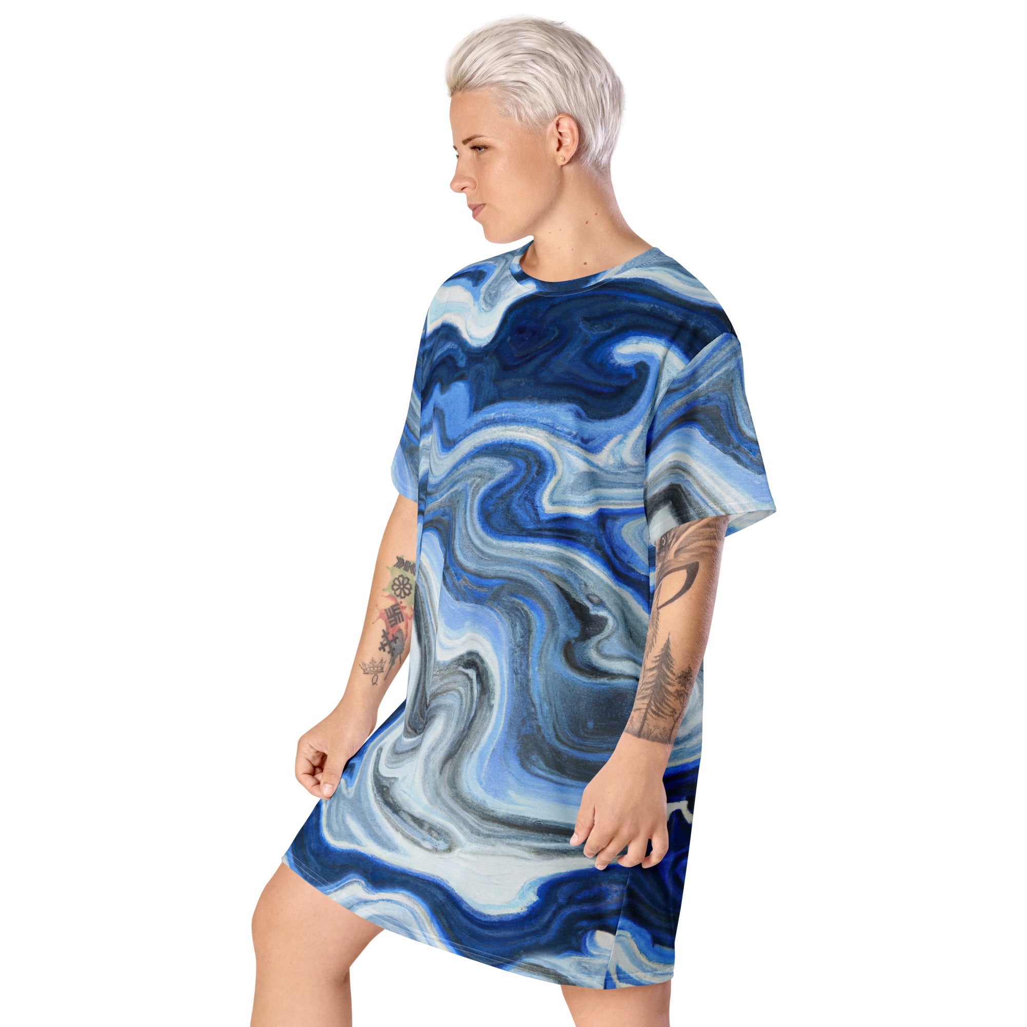 Womens Graphic T-shirt Dress featuring a blue grey marble print, showcasing its comfortable oversized fit and stylish design.