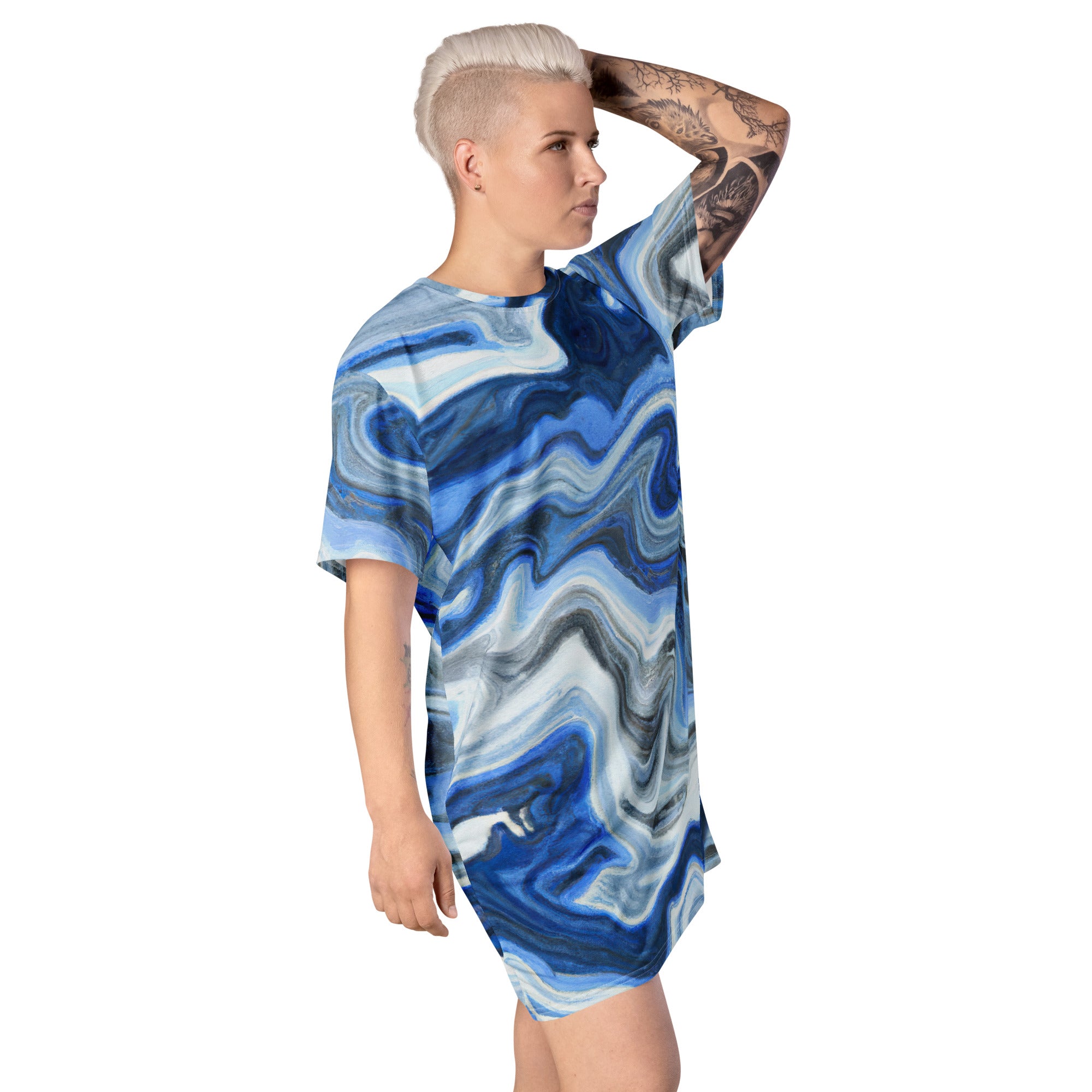 Womens Graphic T-shirt Dress featuring a blue grey marble print, showcasing its comfortable oversized fit and stylish design.