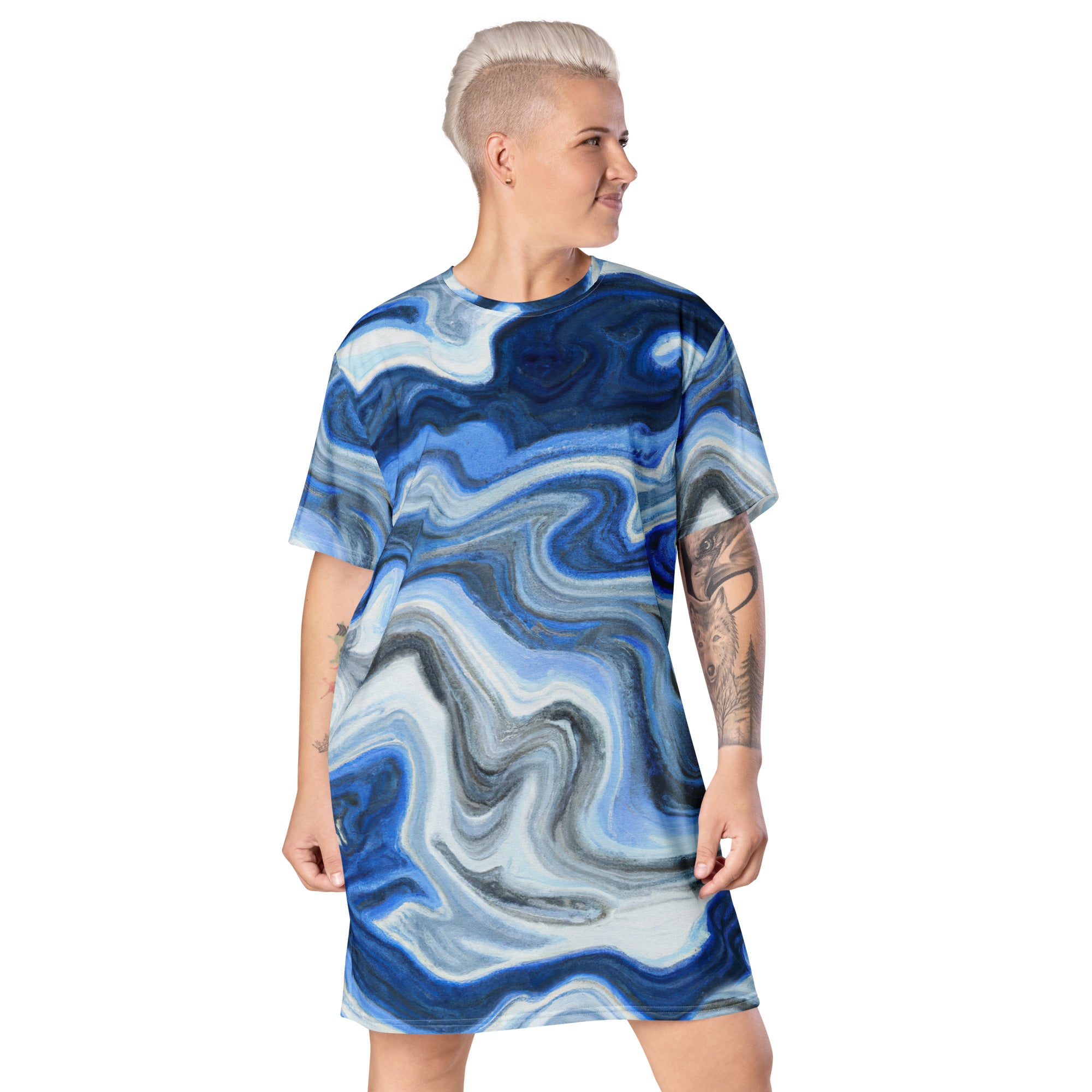 Womens Graphic T-shirt Dress featuring a blue grey marble print, showcasing its comfortable oversized fit and stylish design.