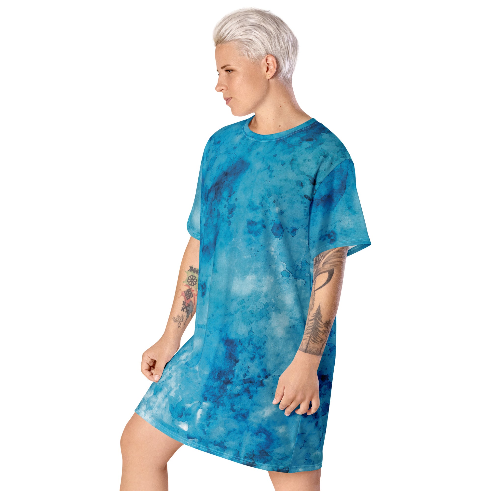 Womens Graphic T-shirt Dress featuring a blue marble print, showcasing its oversized fit and stylish design.