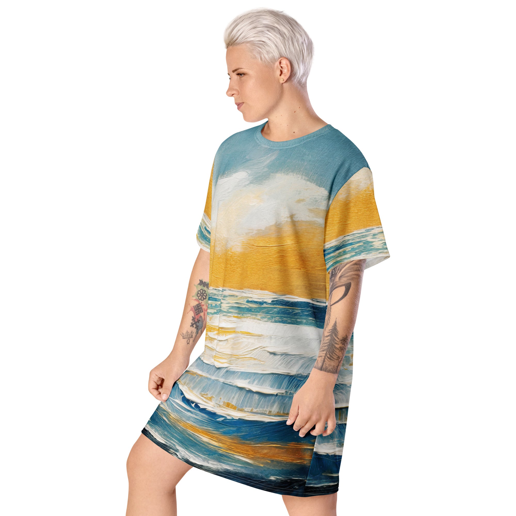 Womens Graphic T-shirt Dress featuring a Blue Ocean Golden Sunset Print, showcasing its comfortable oversized fit and stylish design.