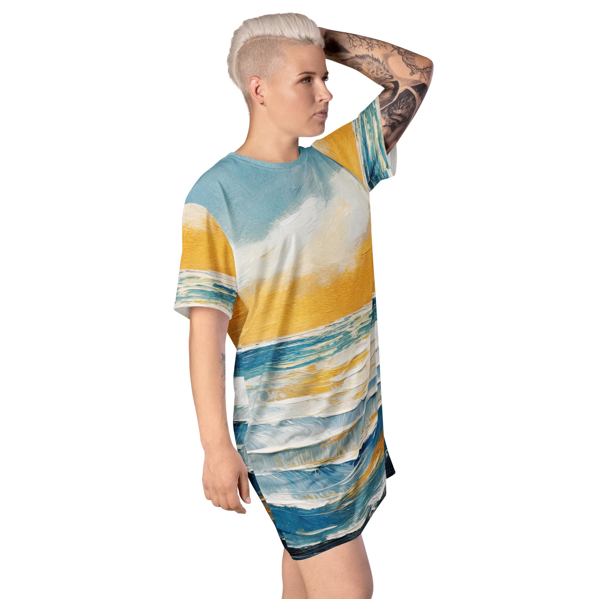 Womens Graphic T-shirt Dress featuring a Blue Ocean Golden Sunset Print, showcasing its comfortable oversized fit and stylish design.