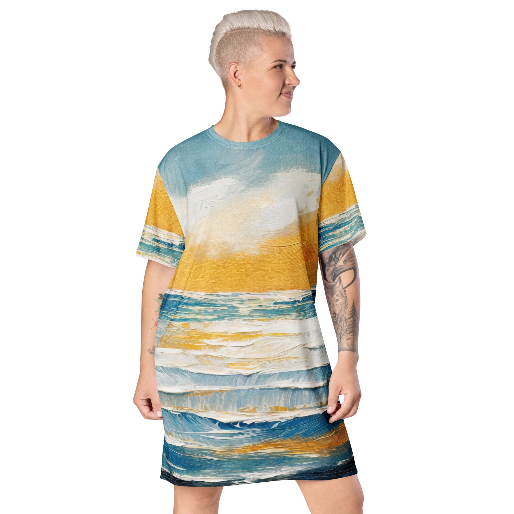 Womens Graphic T-shirt Dress featuring a Blue Ocean Golden Sunset Print, showcasing its comfortable oversized fit and stylish design.