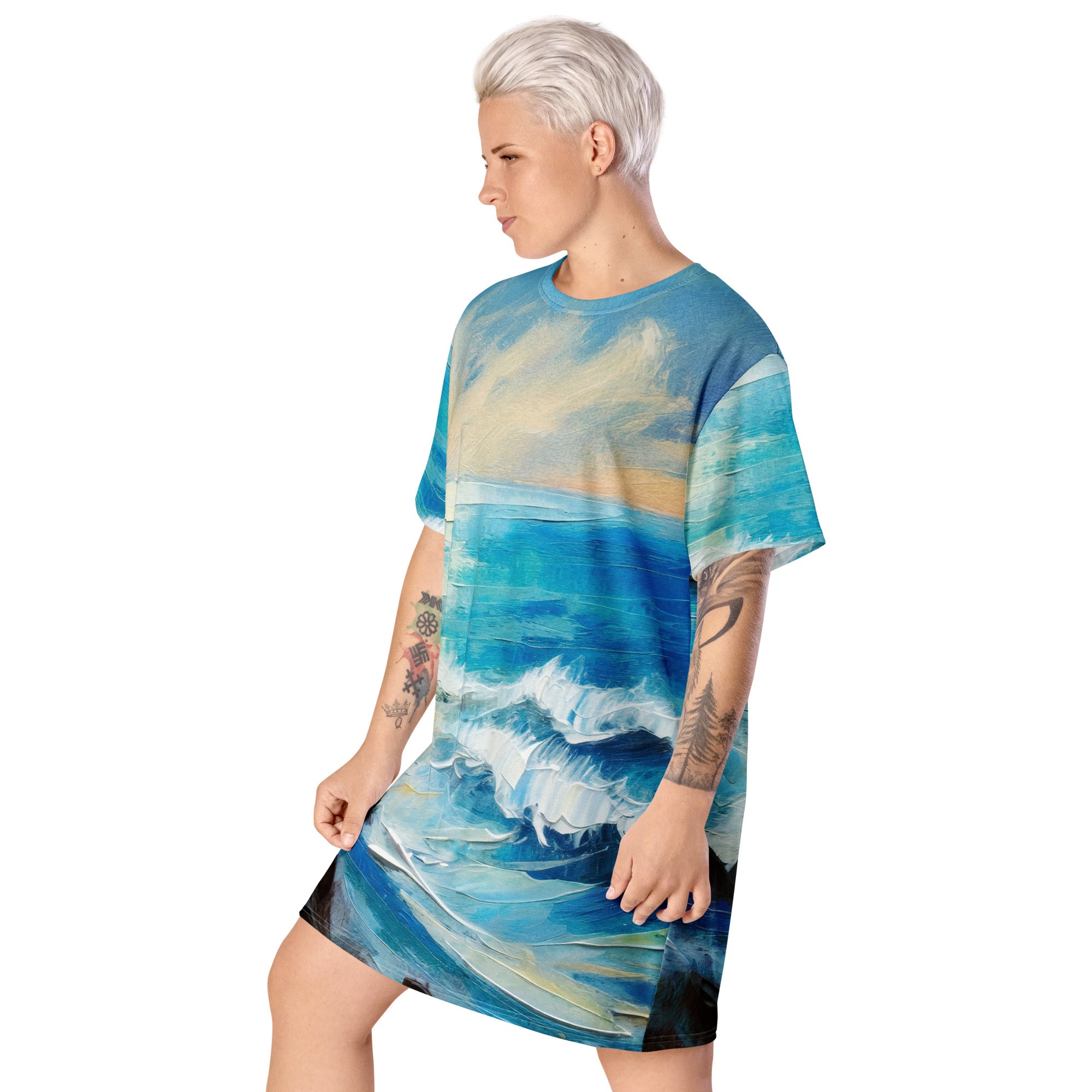 Womens Graphic T-shirt Dress featuring a vibrant Blue Ocean Print, showcasing its oversized fit and stylish design.