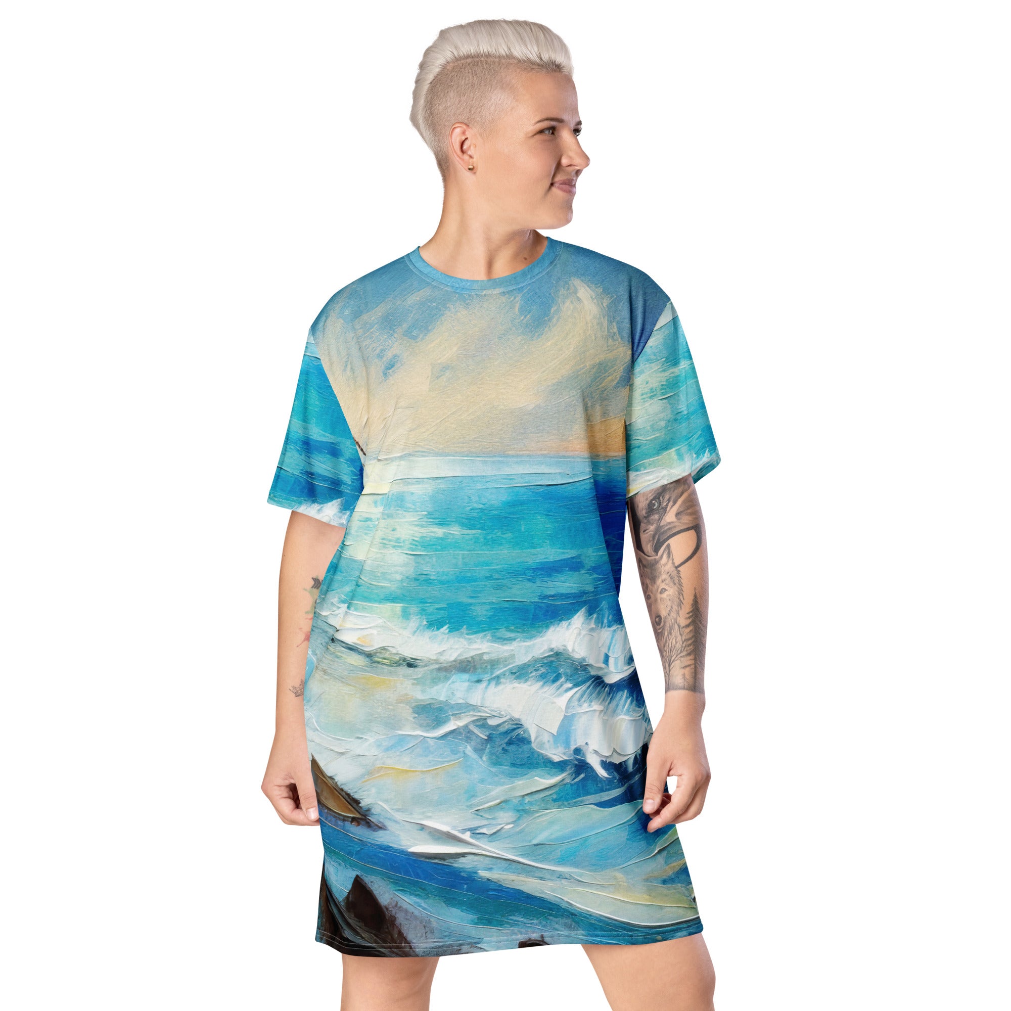 Womens Graphic T-shirt Dress featuring a vibrant Blue Ocean Print, showcasing its oversized fit and stylish design.