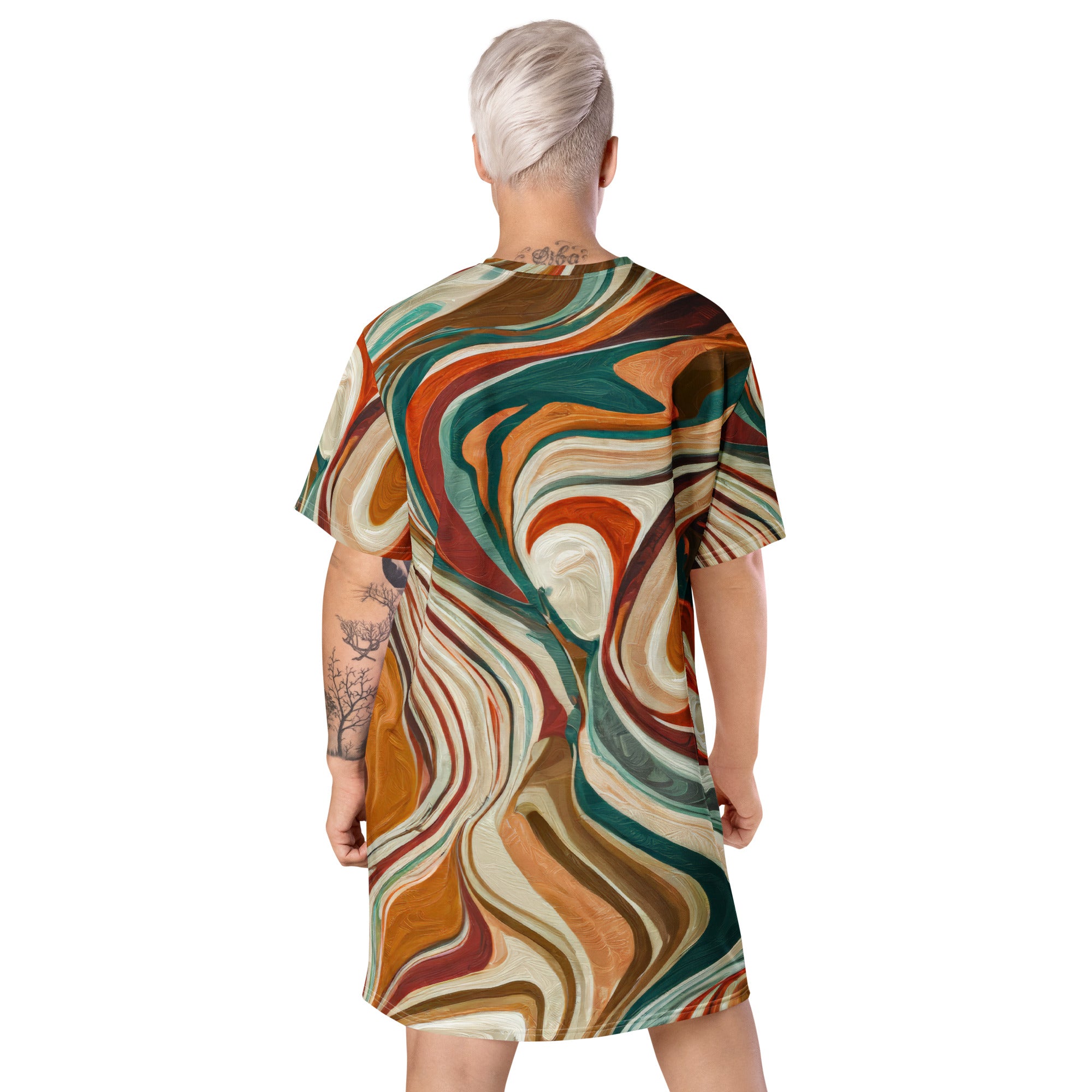 Womens Graphic T-shirt Dress featuring a Boho Brown Marble Print, showcasing its oversized fit and stylish design.