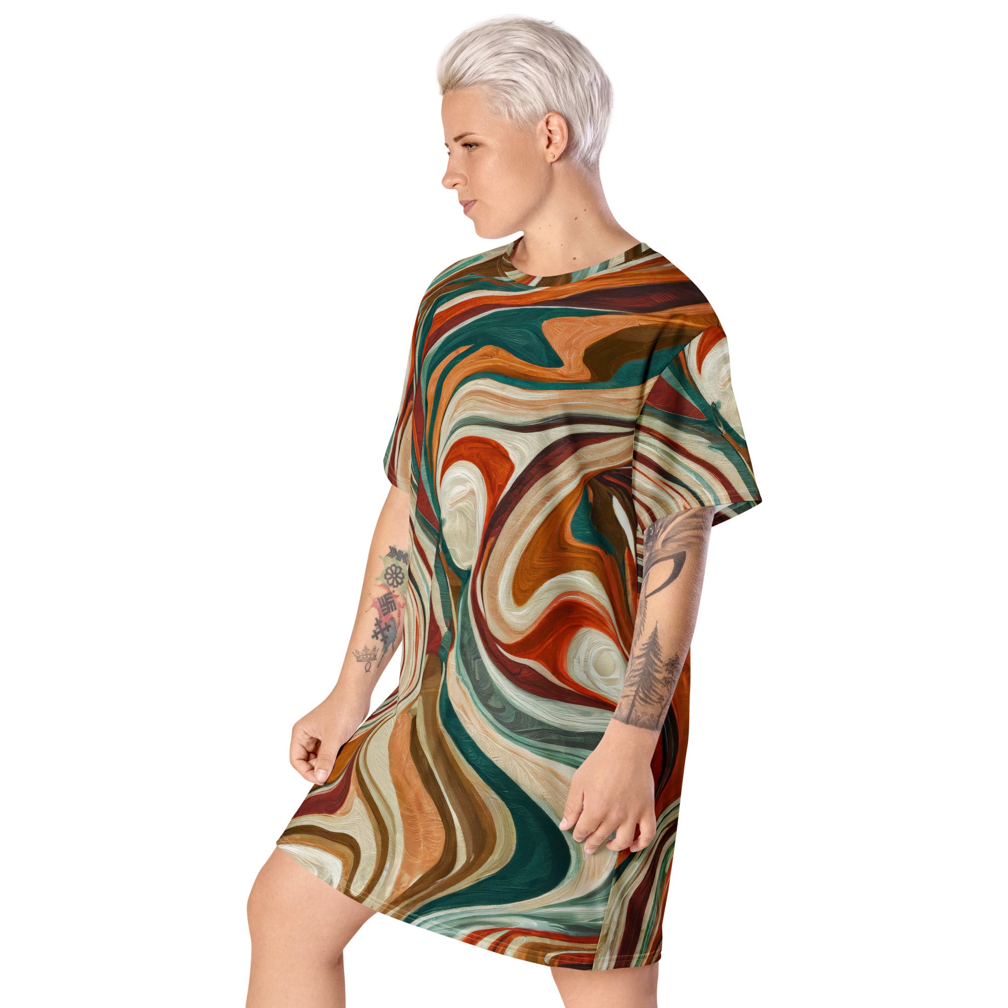 Womens Graphic T-shirt Dress featuring a Boho Brown Marble Print, showcasing its oversized fit and stylish design.