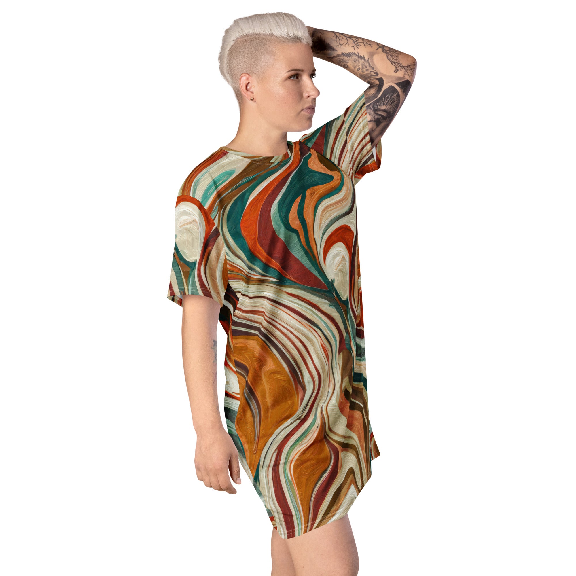 Womens Graphic T-shirt Dress featuring a Boho Brown Marble Print, showcasing its oversized fit and stylish design.