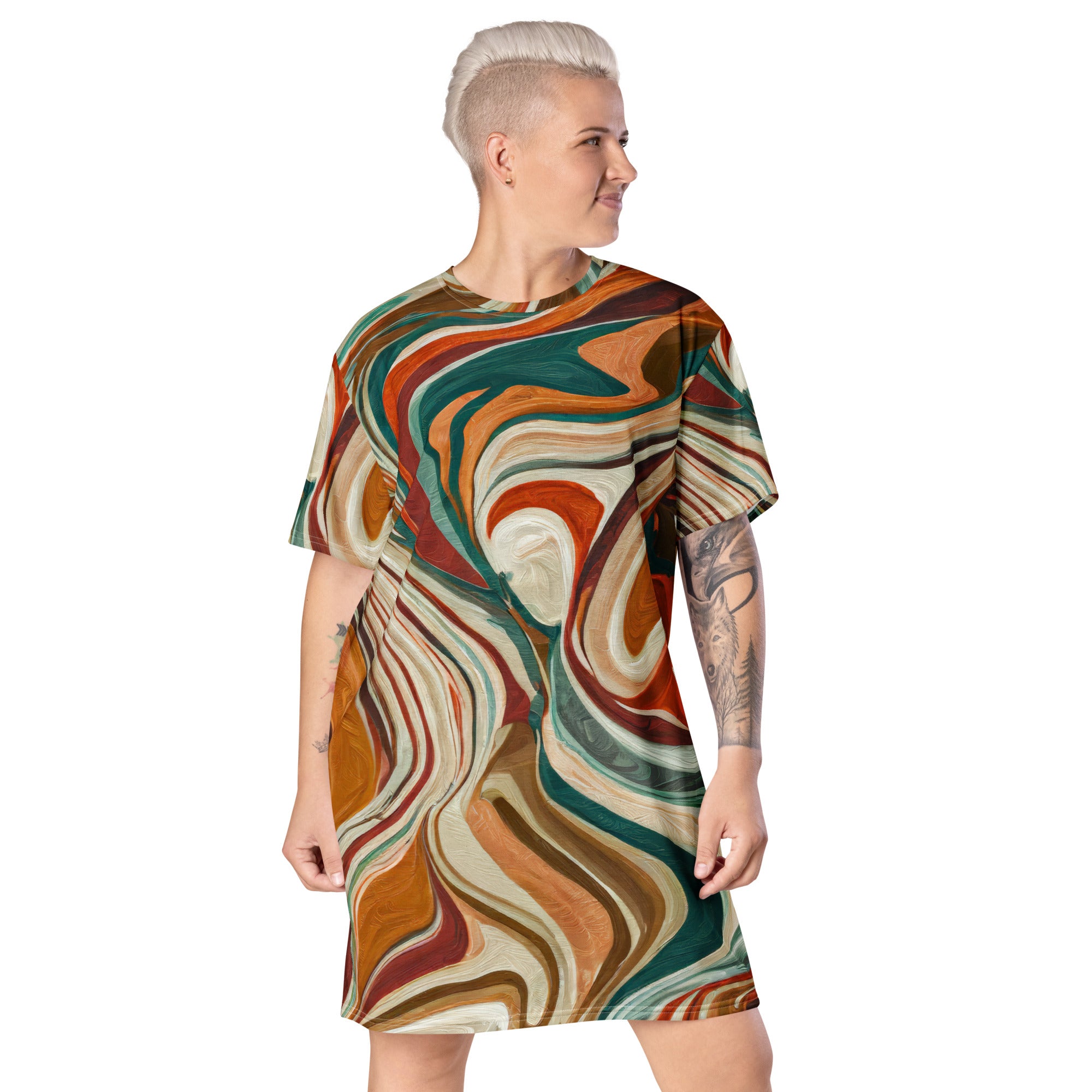 Womens Graphic T-shirt Dress featuring a Boho Brown Marble Print, showcasing its oversized fit and stylish design.