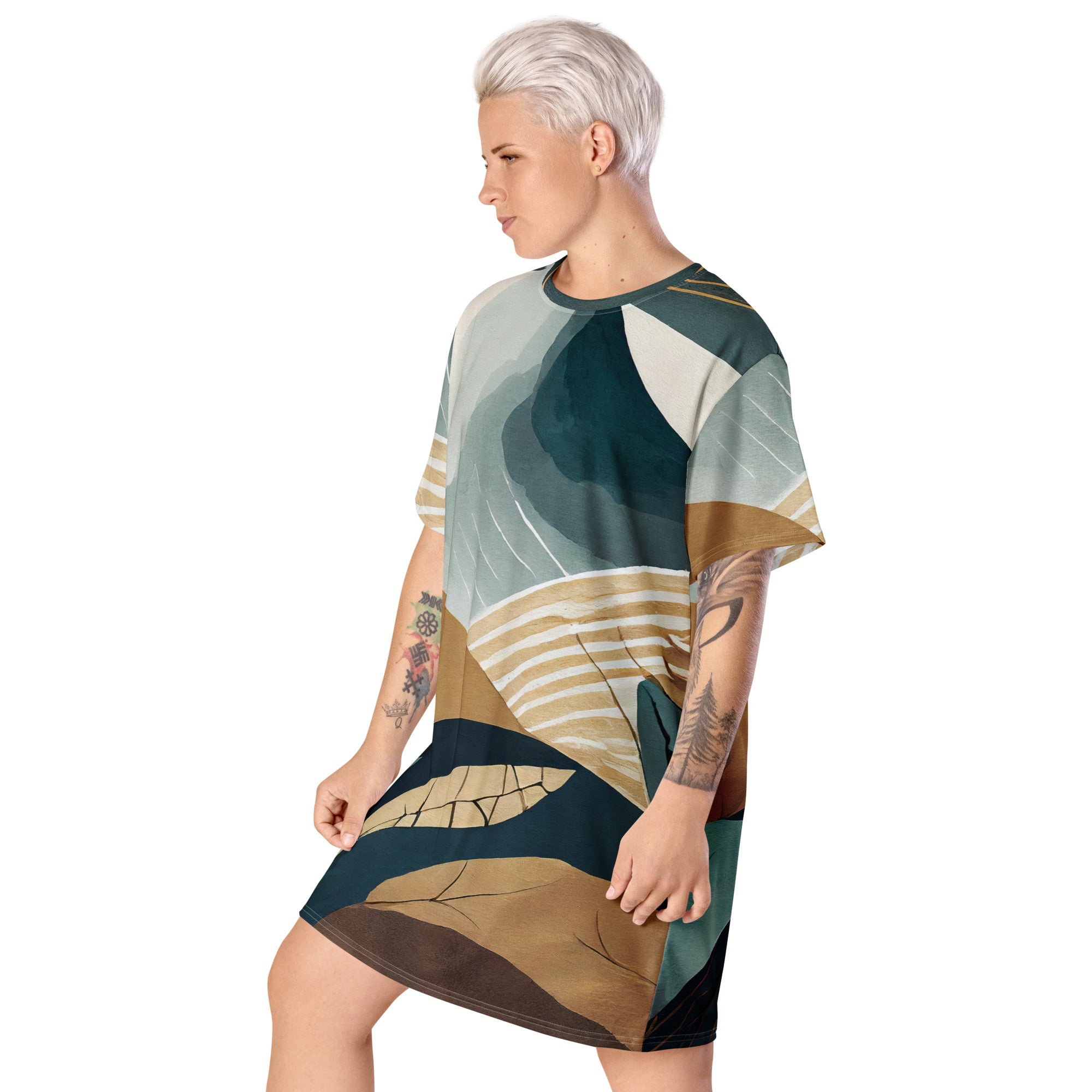 Womens Graphic T-shirt Dress featuring a vibrant boho style print, showcasing its comfortable oversized fit and stylish design.