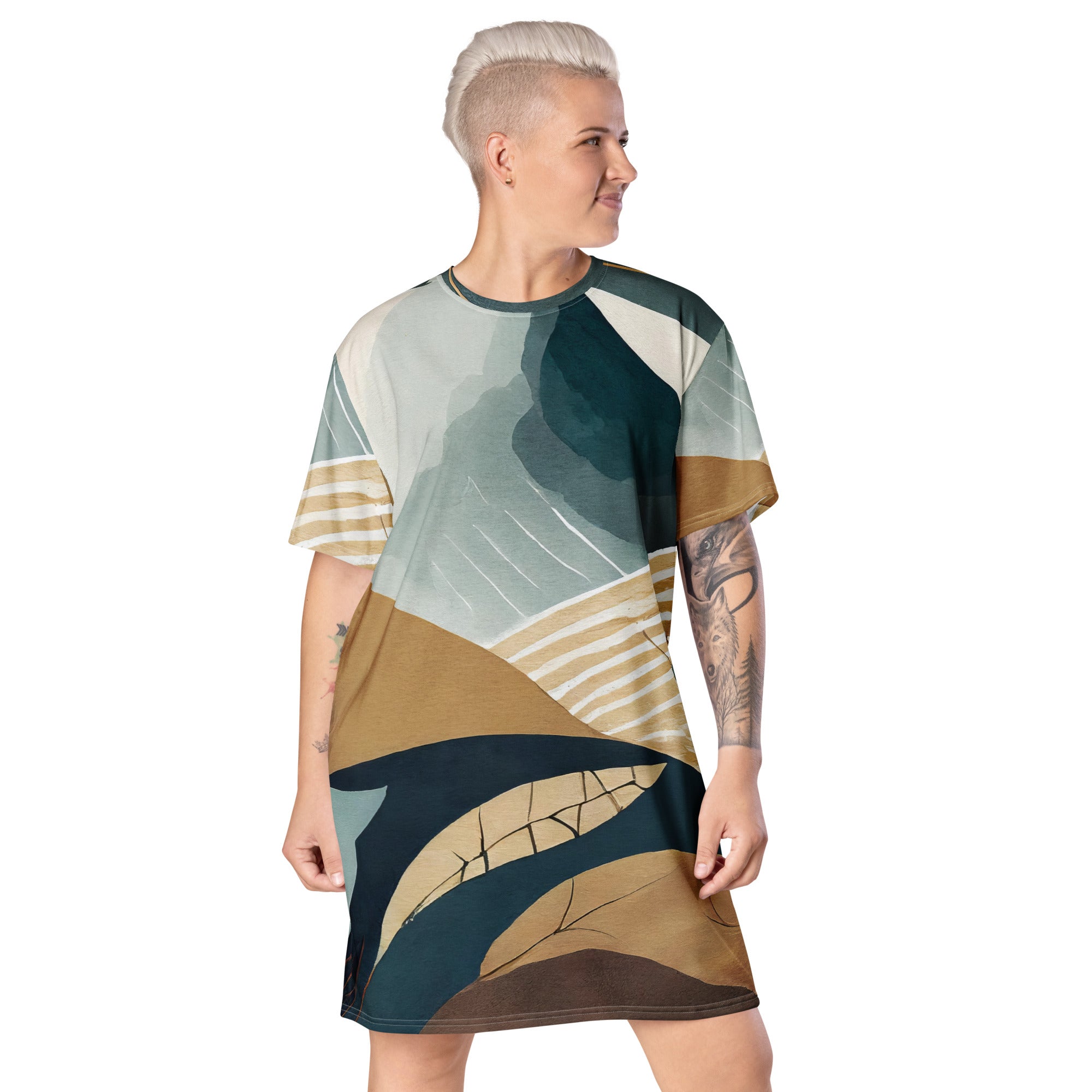 Womens Graphic T-shirt Dress featuring a vibrant boho style print, showcasing its comfortable oversized fit and stylish design.