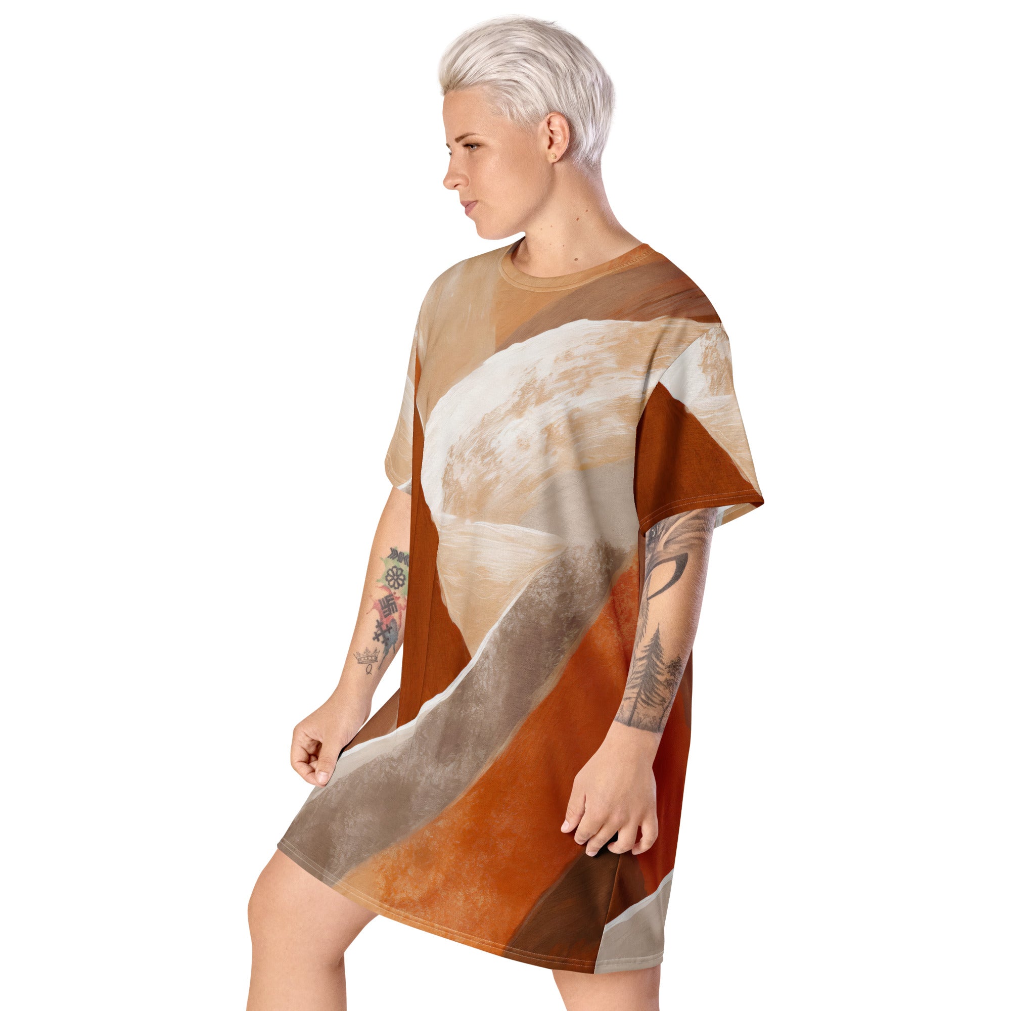 Womens Graphic T-shirt Dress featuring a vibrant boho watercolor print, showcasing its oversized fit and stylish design.