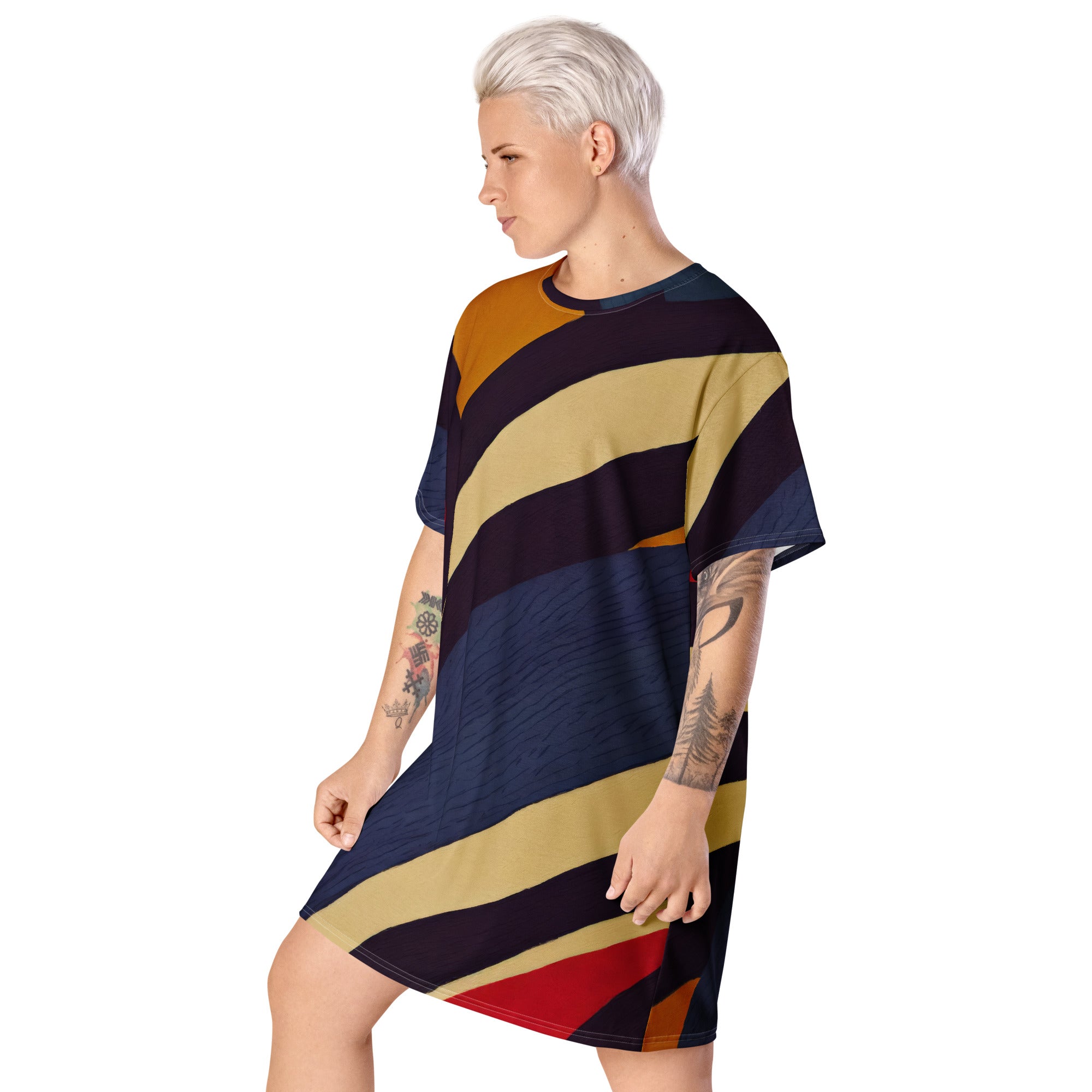 Womens Graphic T-shirt Dress featuring a stylish brown, red, and blue colorblock design, showcasing its comfortable oversized fit and unique style.