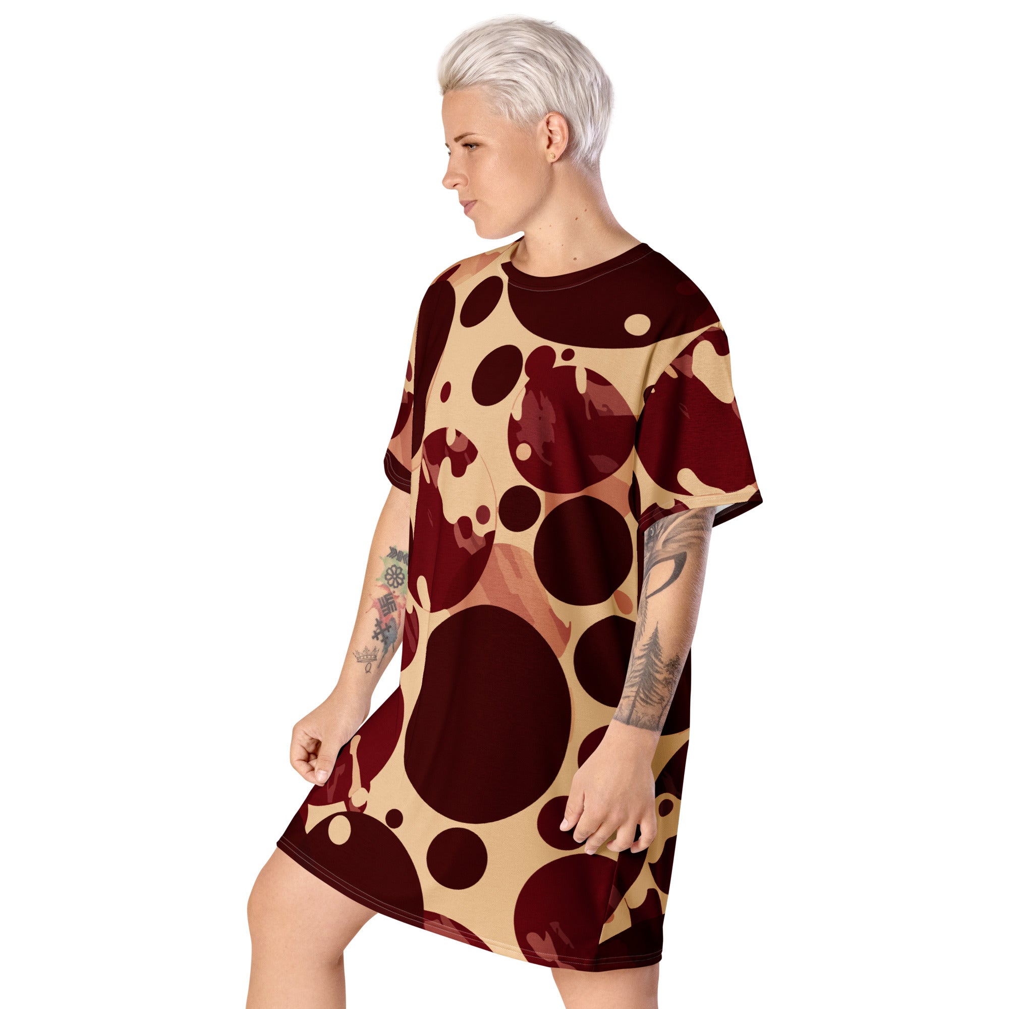 Womens Graphic T-shirt Dress featuring a burgundy and beige circular print, showcasing its oversized fit and stylish design.