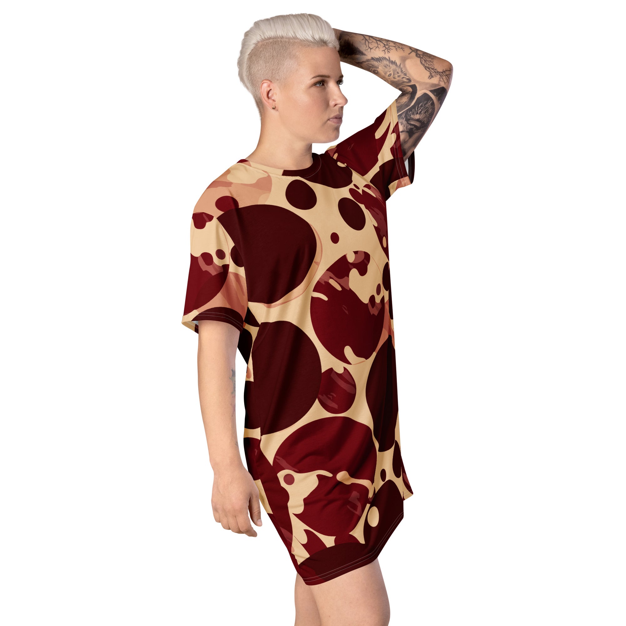 Womens Graphic T-shirt Dress featuring a burgundy and beige circular print, showcasing its oversized fit and stylish design.