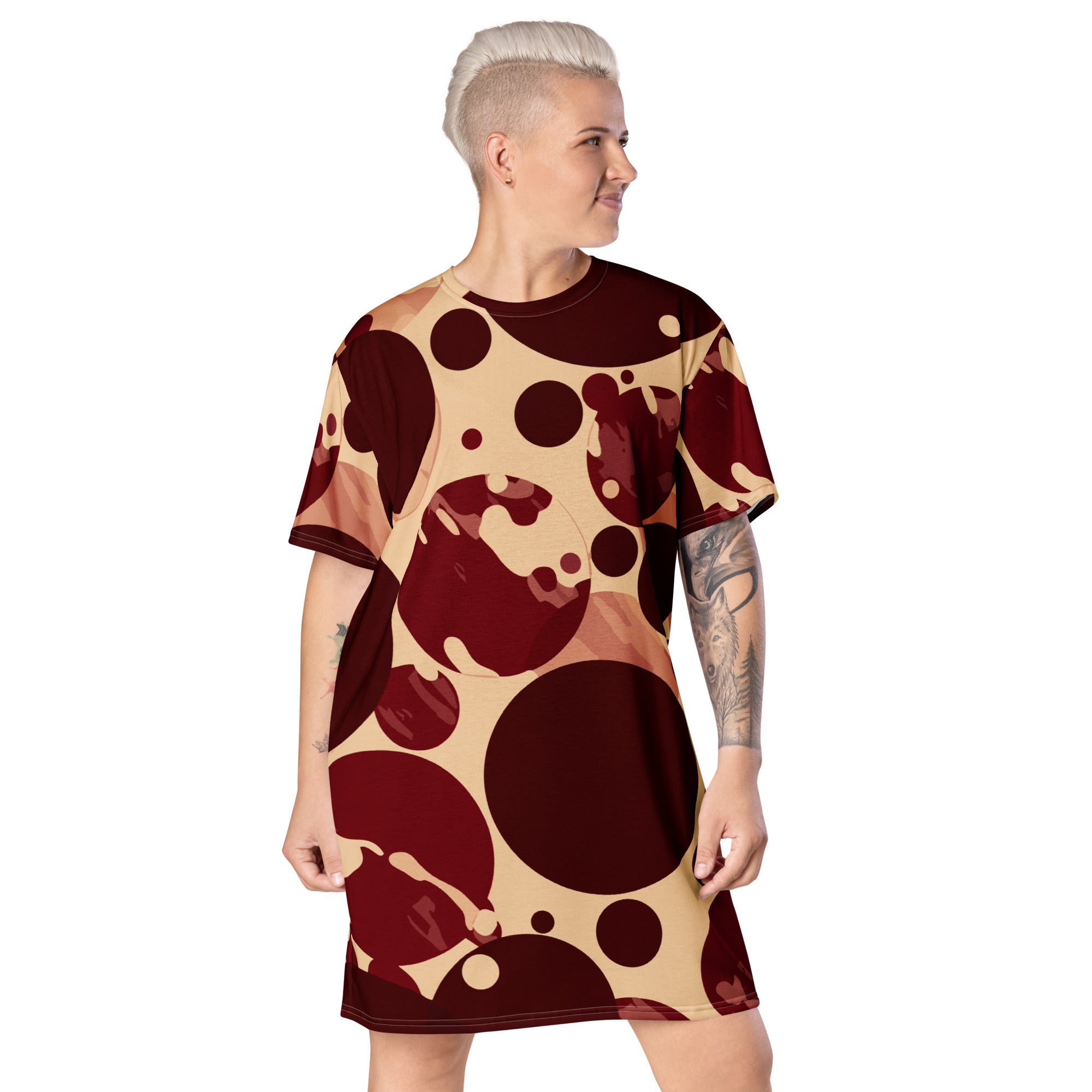 Womens Graphic T-shirt Dress featuring a burgundy and beige circular print, showcasing its oversized fit and stylish design.