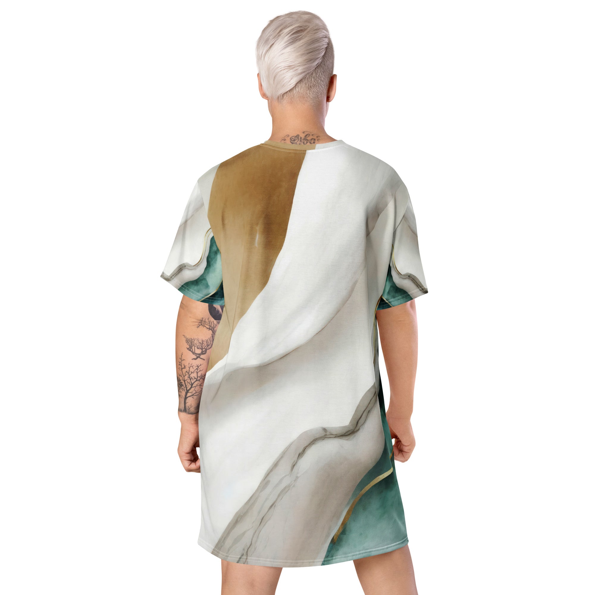 Women's Graphic T-shirt Dress in cream and white marbled pattern, showcasing its oversized fit and stylish design.