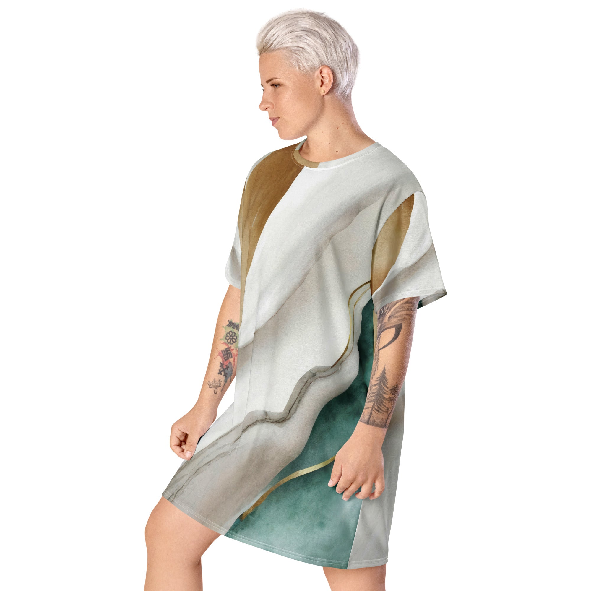 Women's Graphic T-shirt Dress in cream and white marbled pattern, showcasing its oversized fit and stylish design.