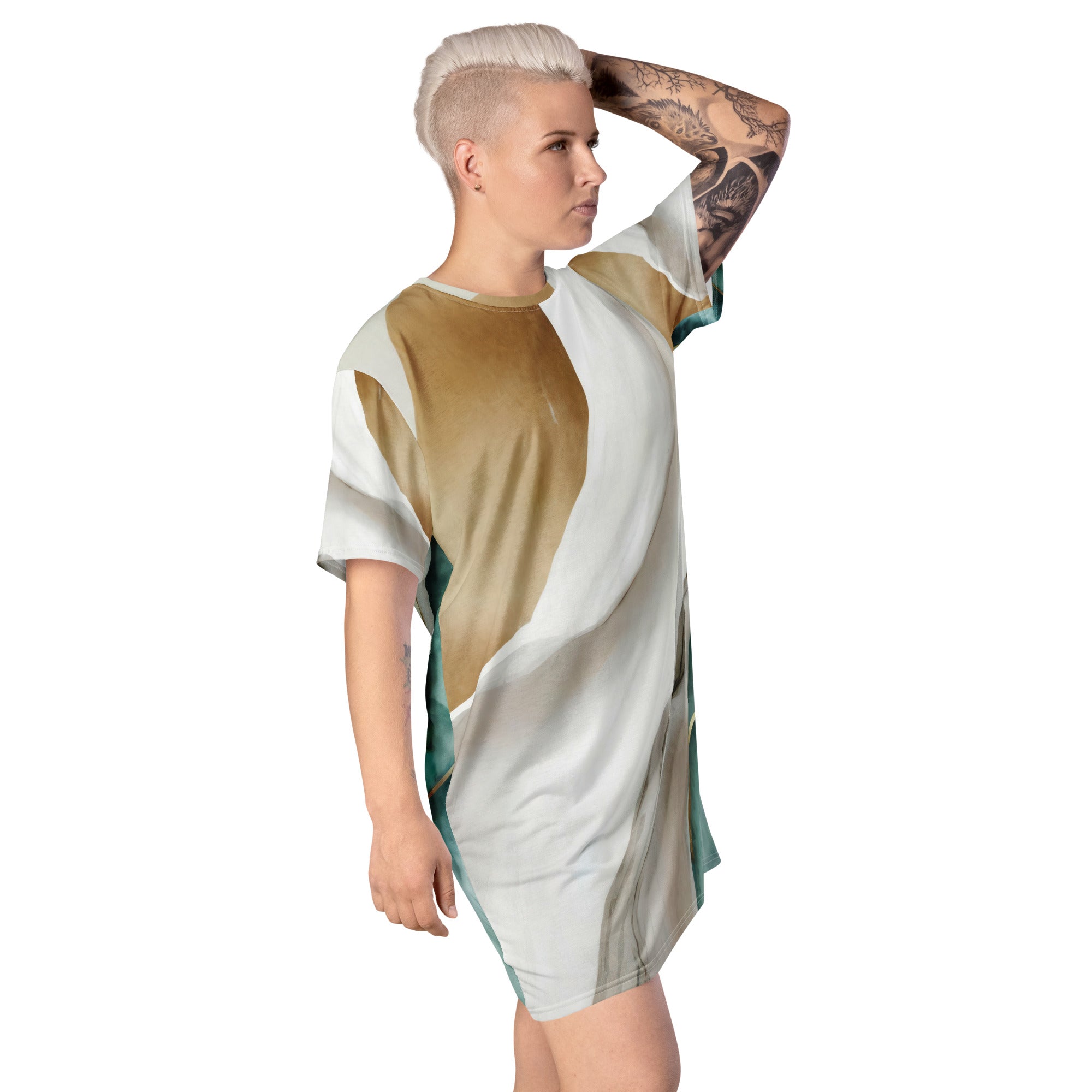 Women's Graphic T-shirt Dress in cream and white marbled pattern, showcasing its oversized fit and stylish design.