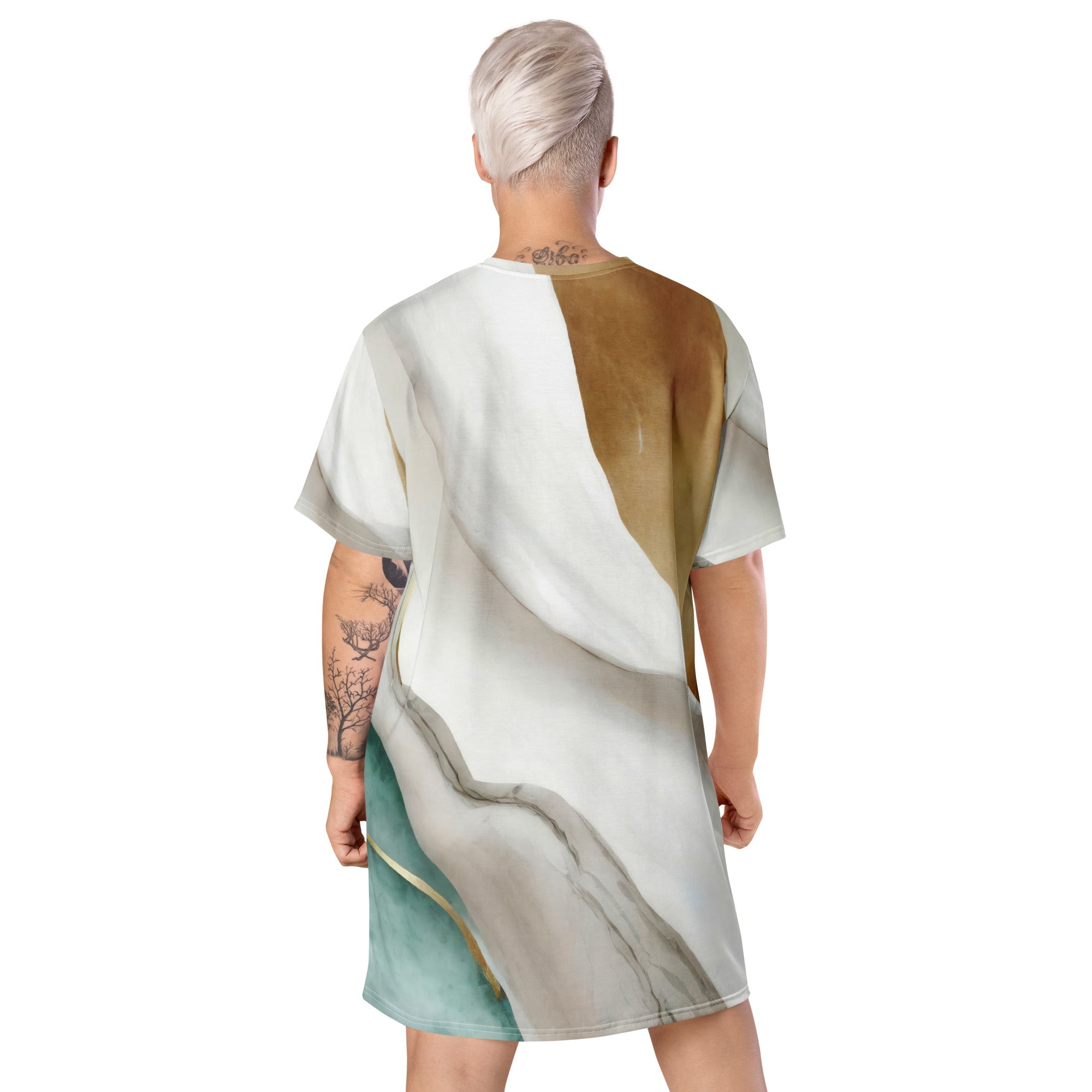 Womens Graphic T-shirt Dress featuring a Cream White Green Marbled Print, showcasing its oversized fit and stylish design.