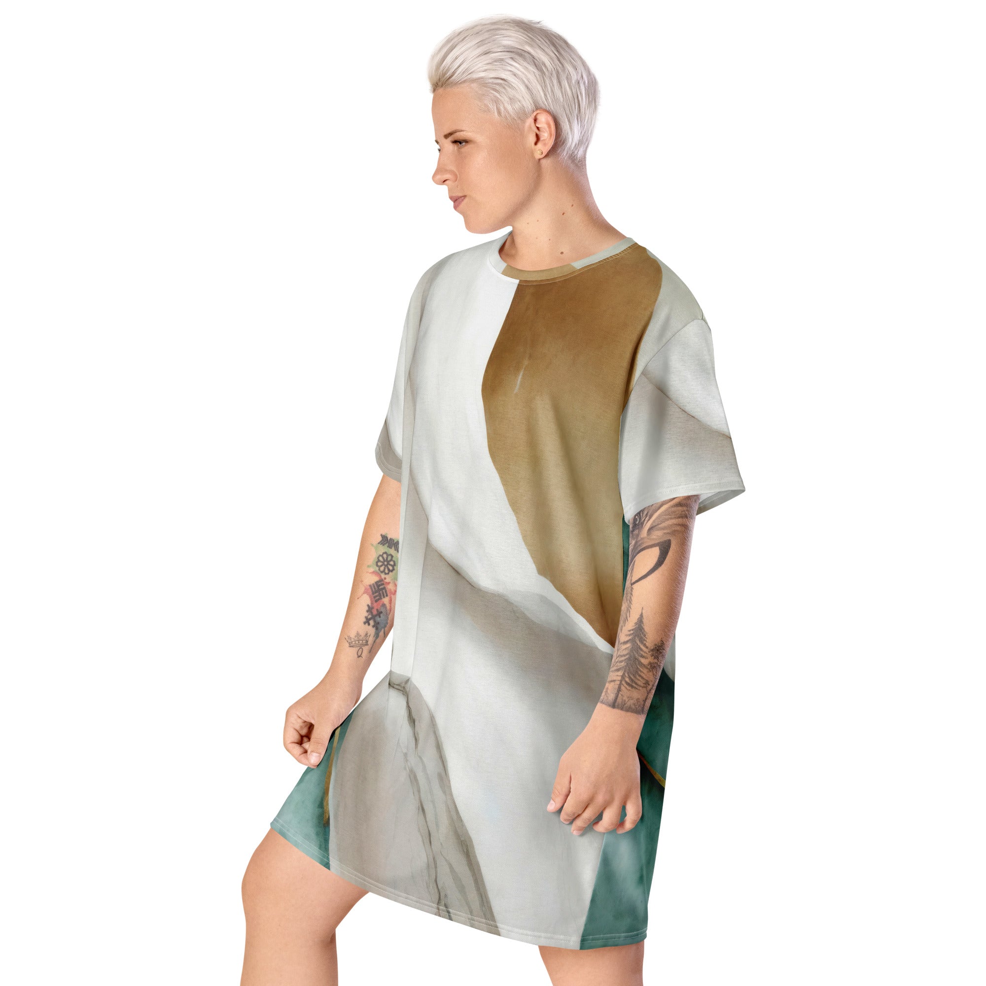 Womens Graphic T-shirt Dress featuring a Cream White Green Marbled Print, showcasing its oversized fit and stylish design.