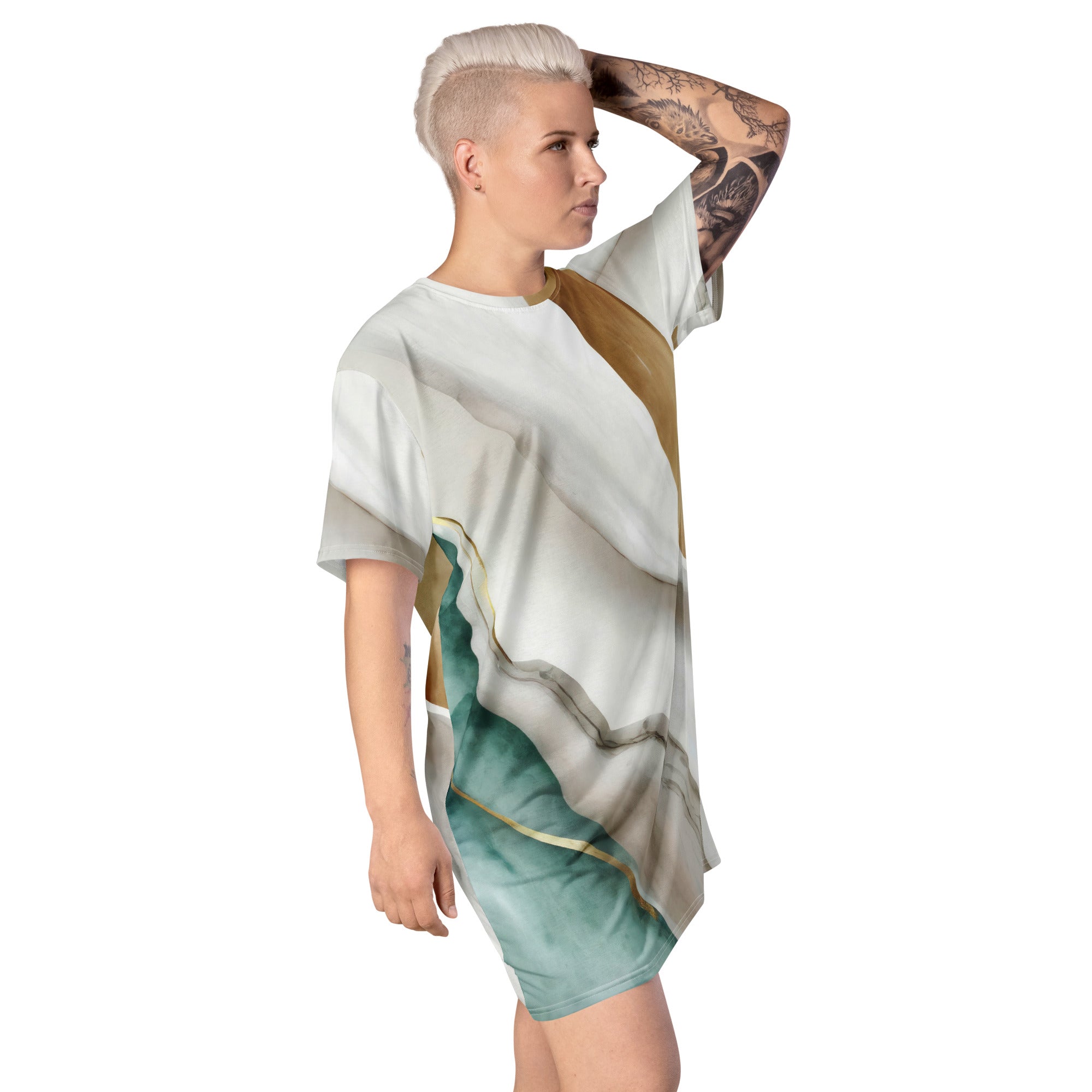 Womens Graphic T-shirt Dress featuring a Cream White Green Marbled Print, showcasing its oversized fit and stylish design.