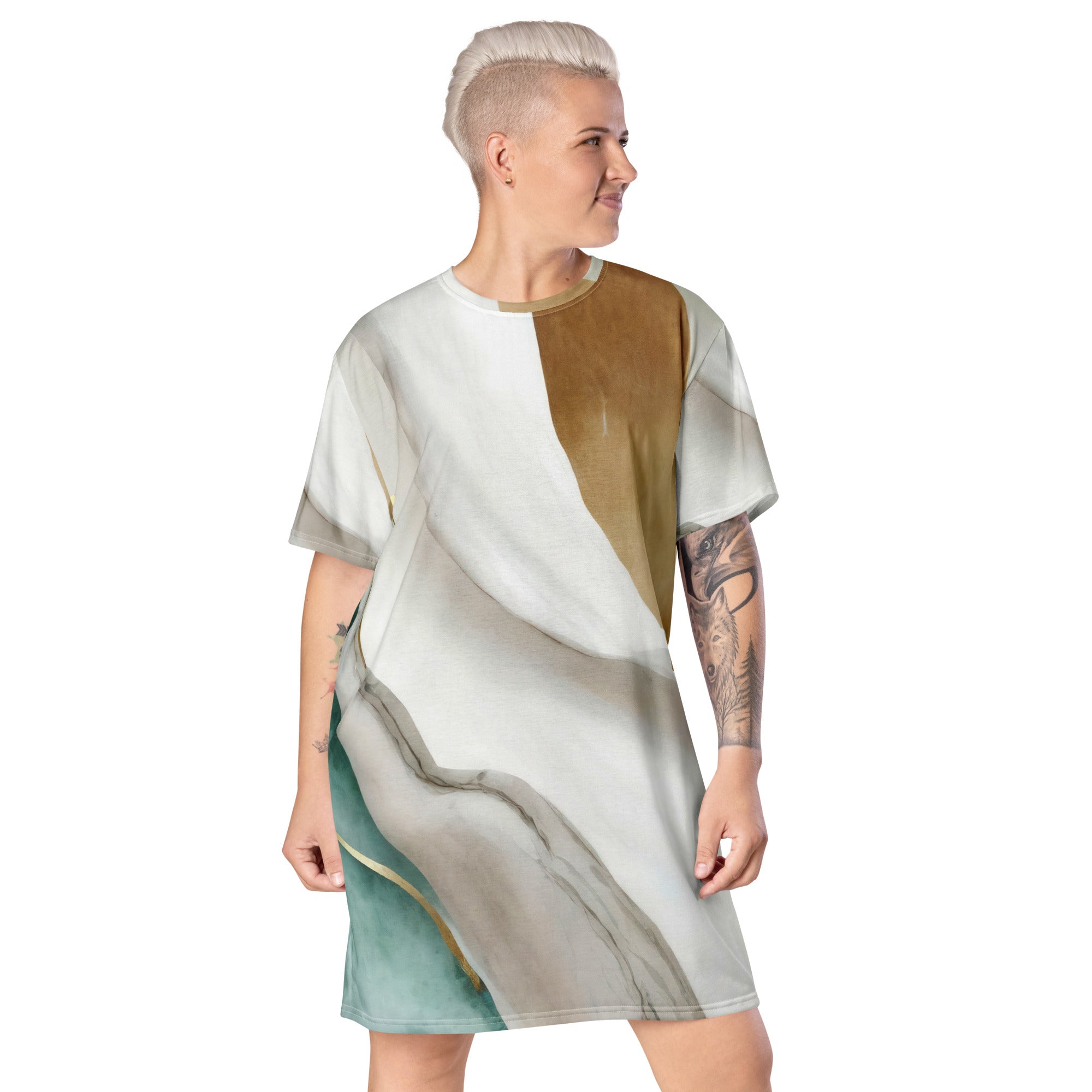 Womens Graphic T-shirt Dress featuring a Cream White Green Marbled Print, showcasing its oversized fit and stylish design.