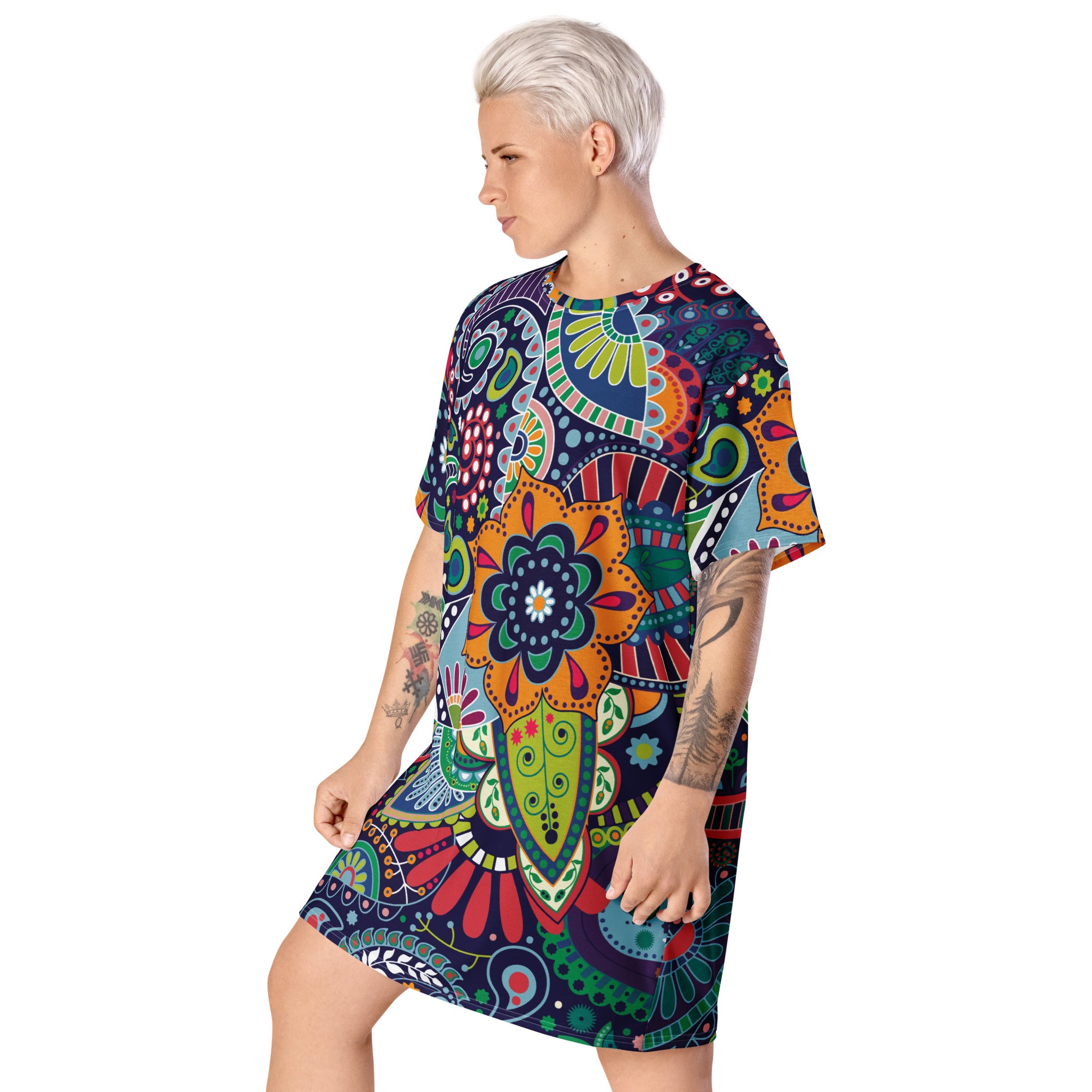 Womens Graphic T-shirt Dress in Floral Paisley design, showcasing a comfortable oversized fit and stylish floral pattern.