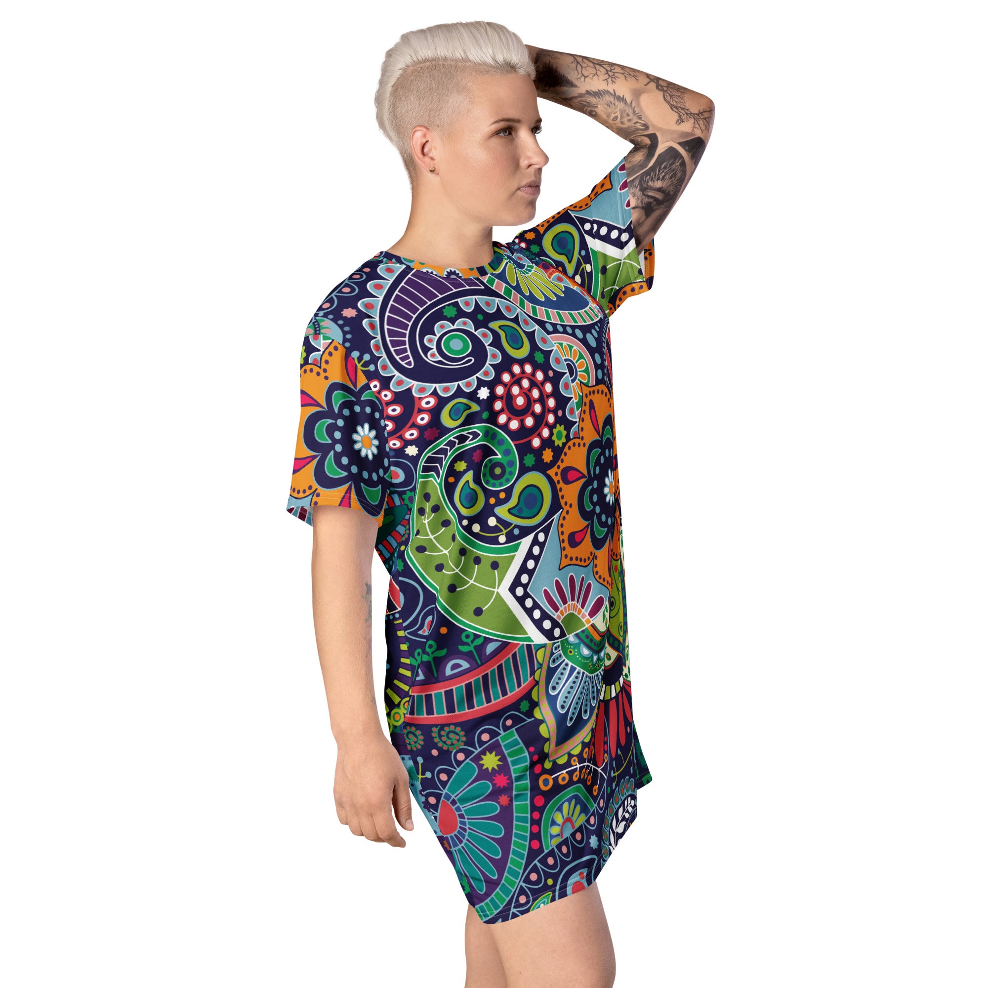 Womens Graphic T-shirt Dress in Floral Paisley design, showcasing a comfortable oversized fit and stylish floral pattern.