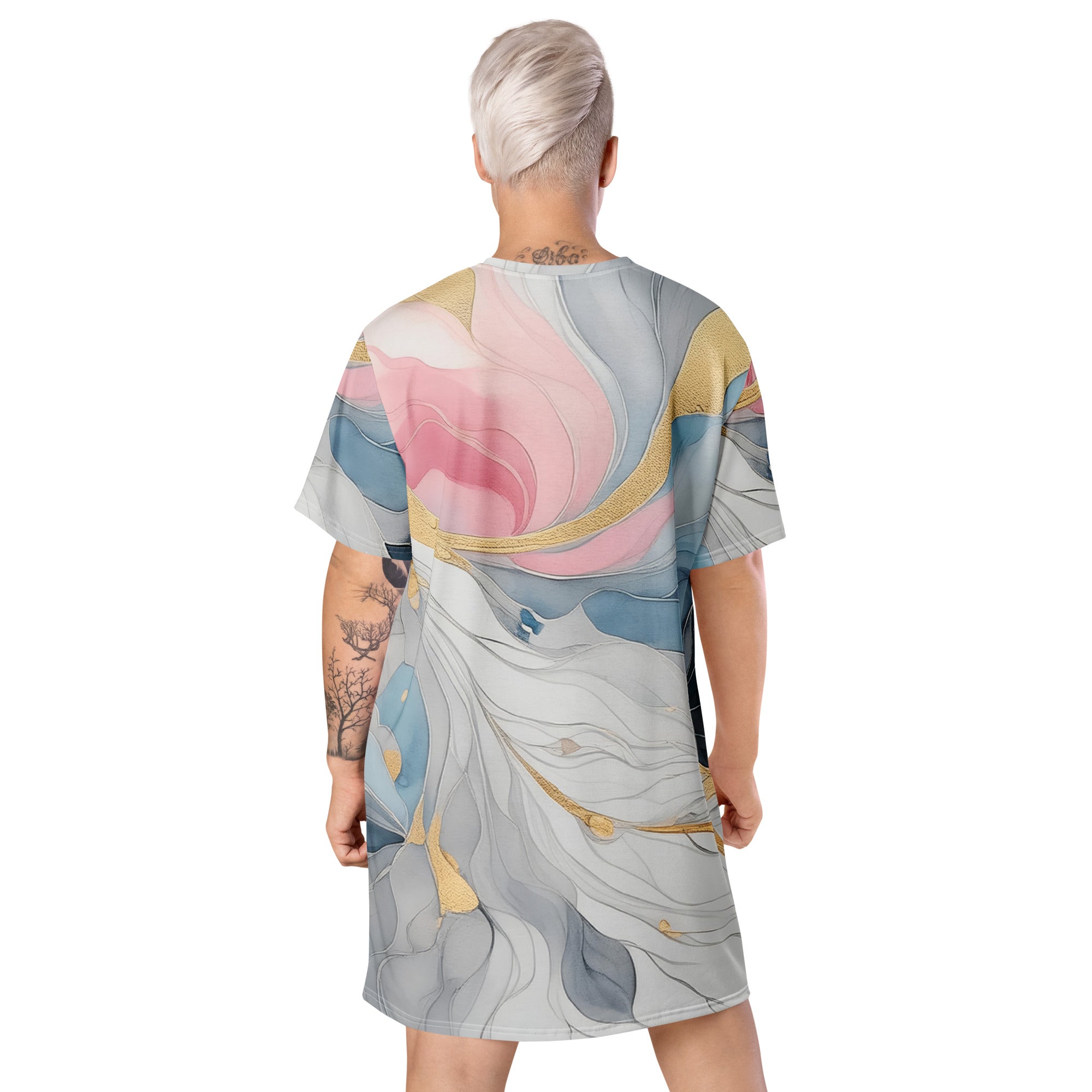 Womens Graphic T-shirt Dress featuring a Marble Cloud design in Grey, Pink, and Blue, showcasing its oversized fit and stylish look.