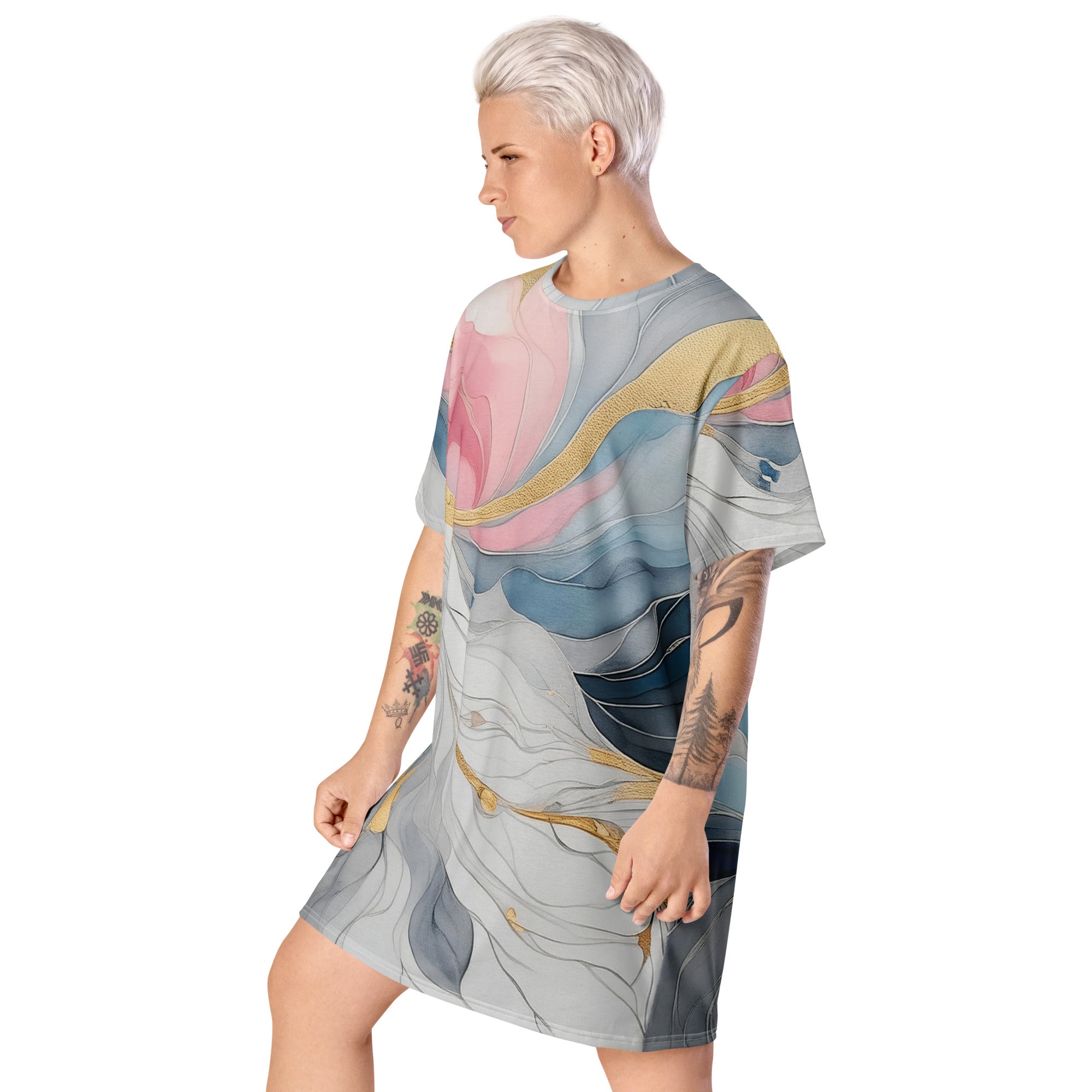 Womens Graphic T-shirt Dress featuring a Marble Cloud design in Grey, Pink, and Blue, showcasing its oversized fit and stylish look.