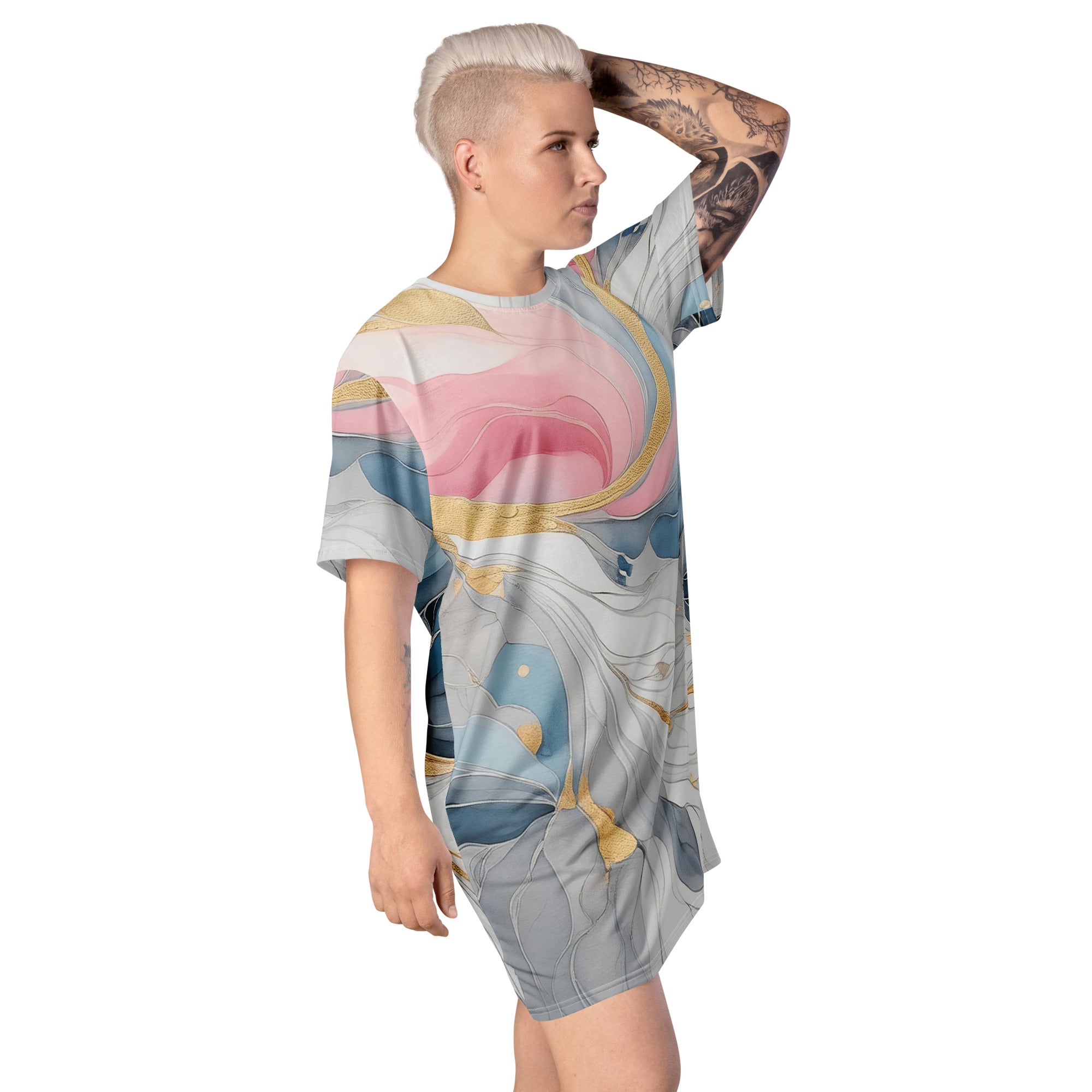 Womens Graphic T-shirt Dress featuring a Marble Cloud design in Grey, Pink, and Blue, showcasing its oversized fit and stylish look.