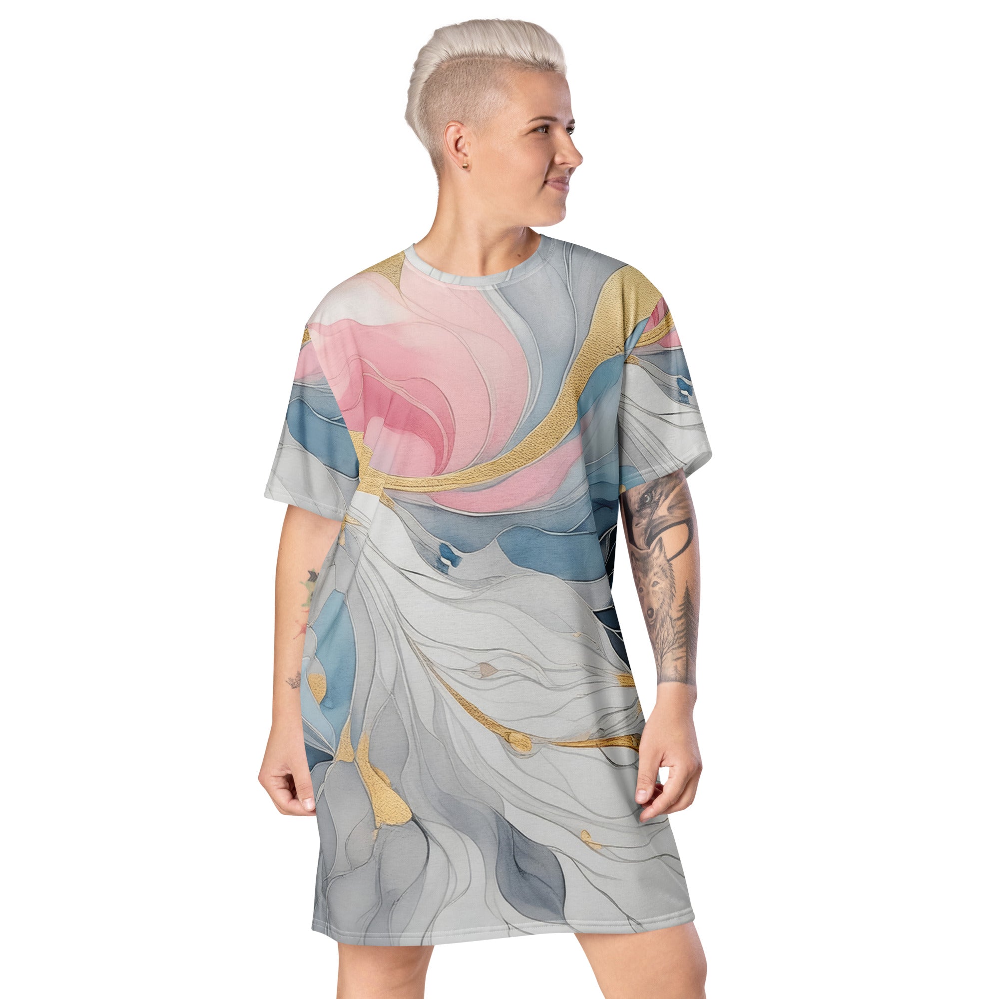 Womens Graphic T-shirt Dress featuring a Marble Cloud design in Grey, Pink, and Blue, showcasing its oversized fit and stylish look.